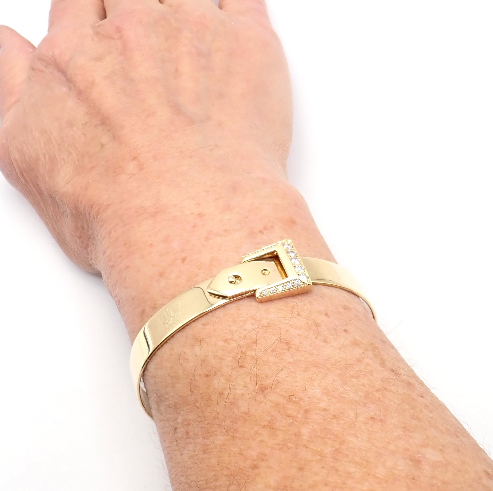 Authentic! Hermes 18k Yellow Gold Diamond Buckle Bangle Bracelet | Fortrove