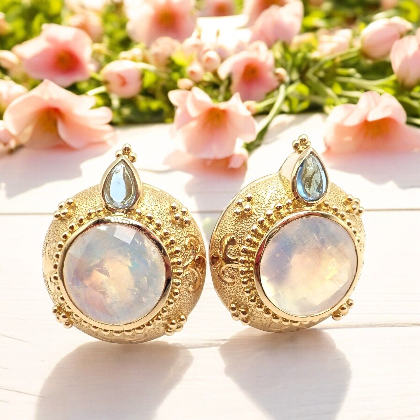 Rare! Vintage Paula Crevoshay 18k Gold Aquamarine Moonstone Round Earrings OOAK | Fortrove