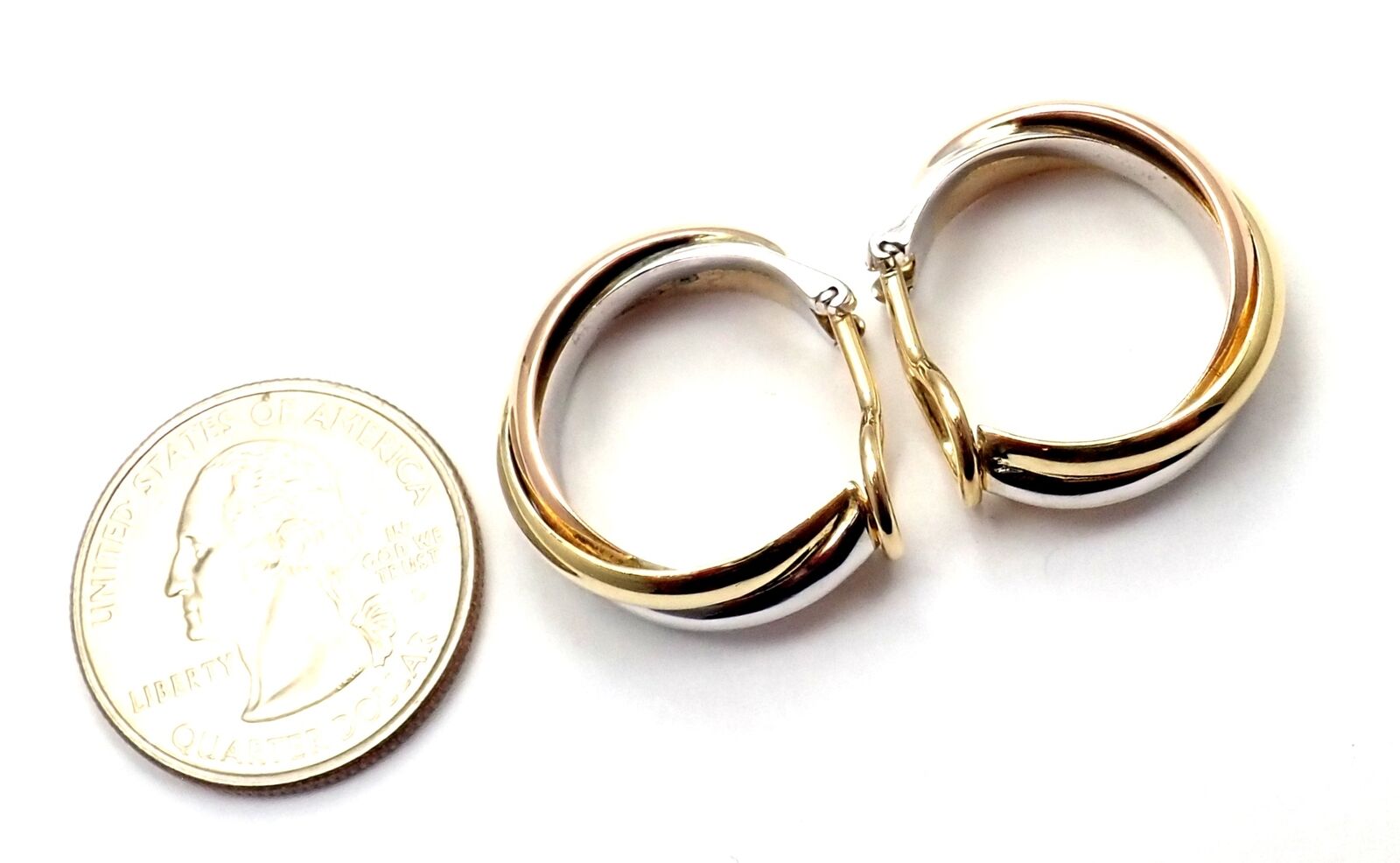 Authentic! Cartier 18k Tri-Color Gold Medium Size Trinity Hoop Earrings | Fortrove