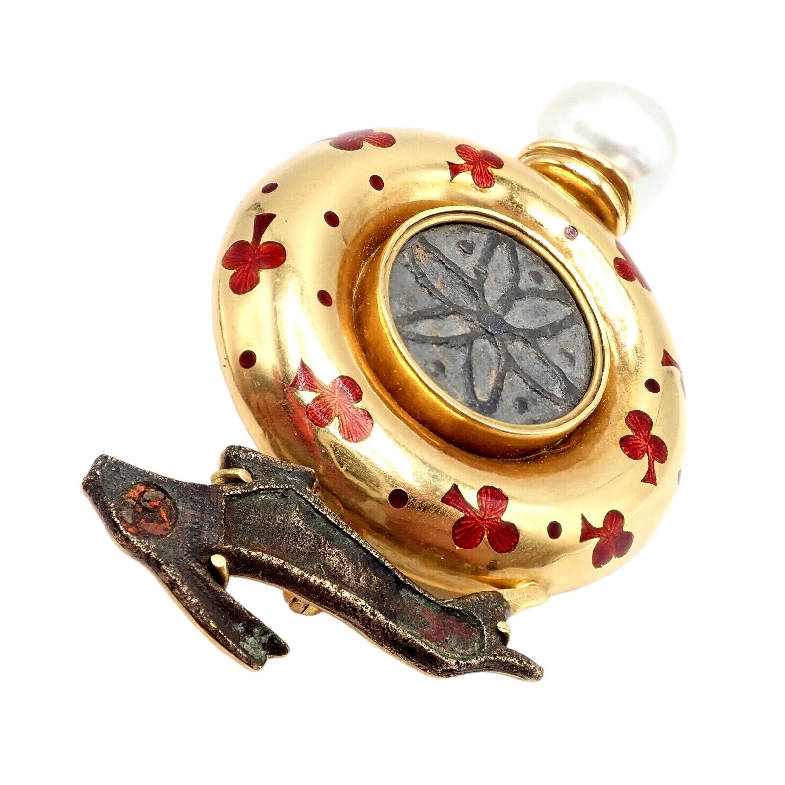 Vintage Elizabeth Gage 18k Yellow Gold Pearl Ancient Coin Enamel Hare Pin Brooch | Fortrove