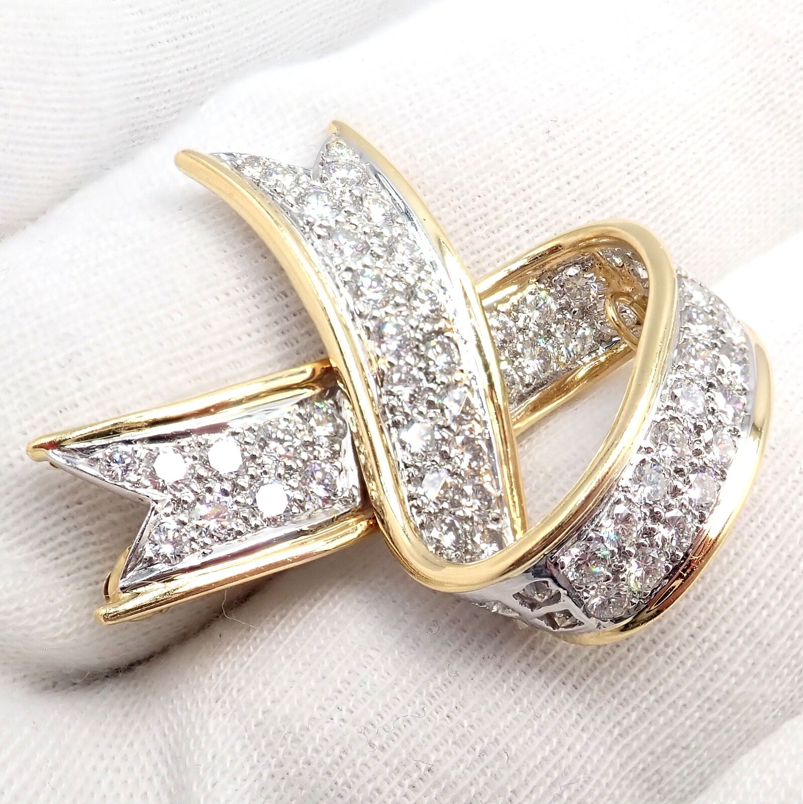Vintage! Tiffany & Co 18k Yellow Gold Platinum Diamond Ribbon Bow Pin Brooch | Fortrove