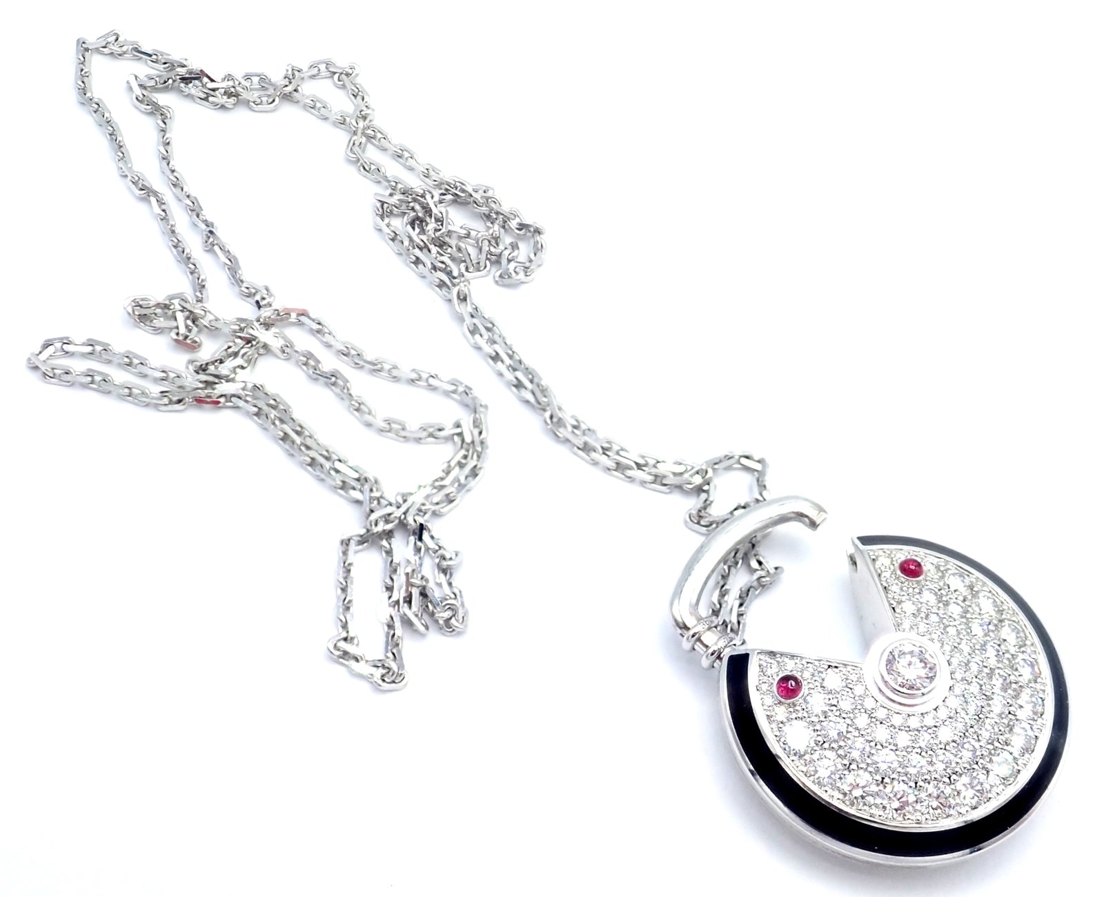 Authentic! Cartier Amulette 18k White Gold Diamond Ruby Large Pendant Necklace | Fortrove