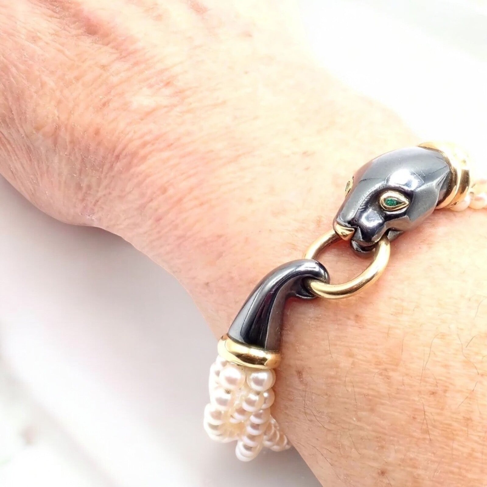 Panthere de Cartier Panther 18k Yellow Gold & Silverium Pearl Emerald Bracelet | Fortrove