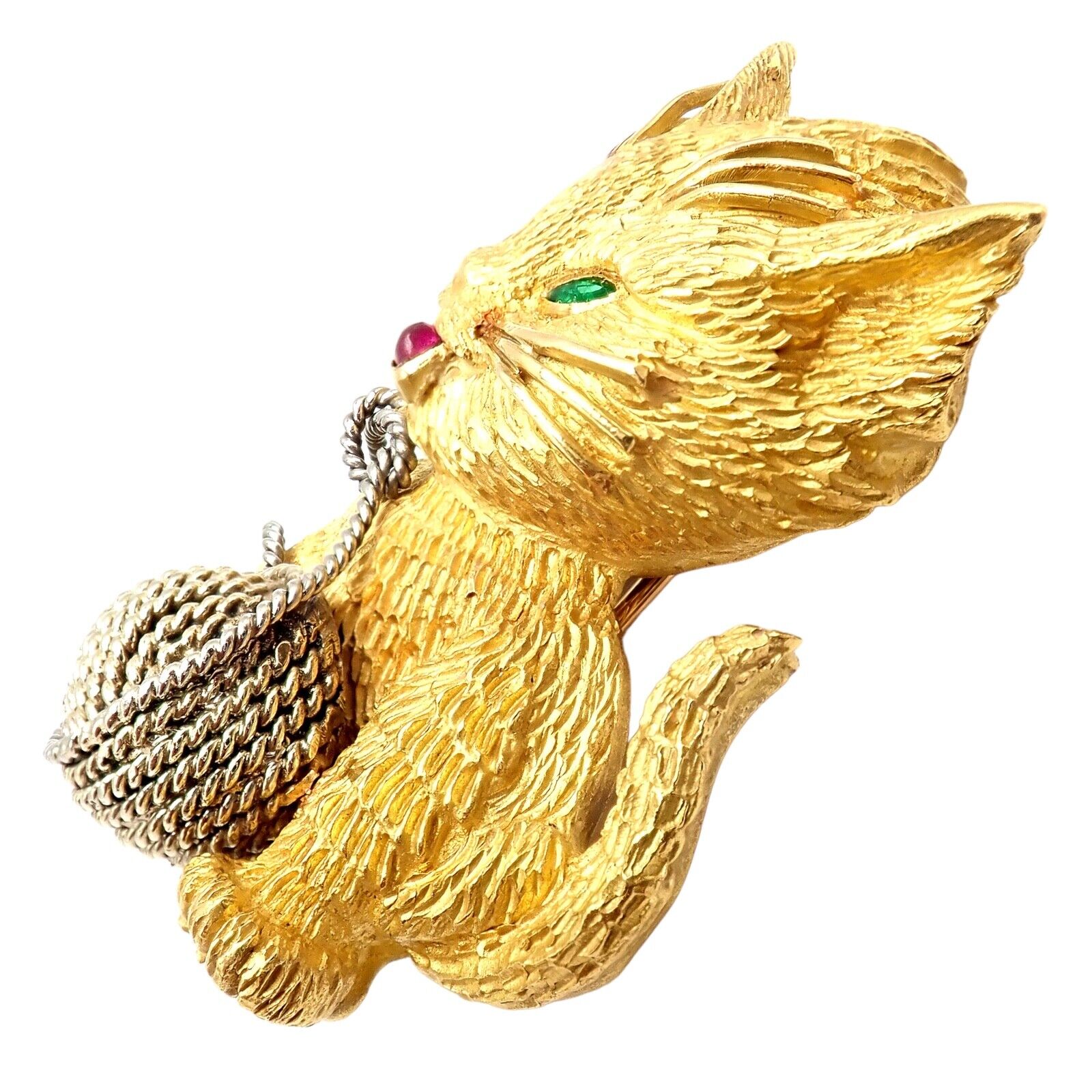 Vintage! Tiffany & Co. France 20k Yellow Gold Ruby Emerald Cat Yarn Pin Brooch | Fortrove