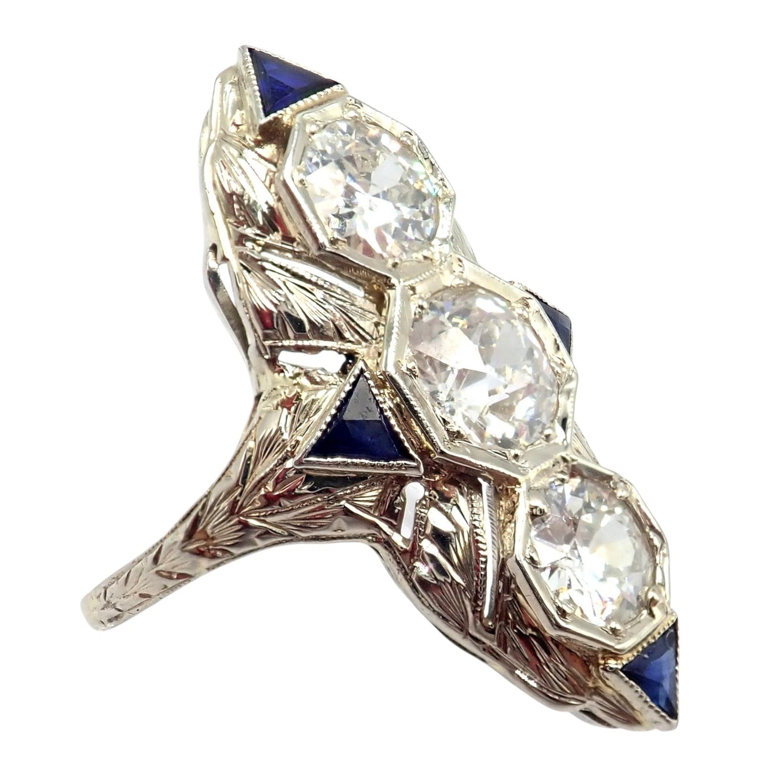 Vintage Estate 20k White Gold Diamond 2ctw Sapphire Art Deco Ring sz 7 | Fortrove