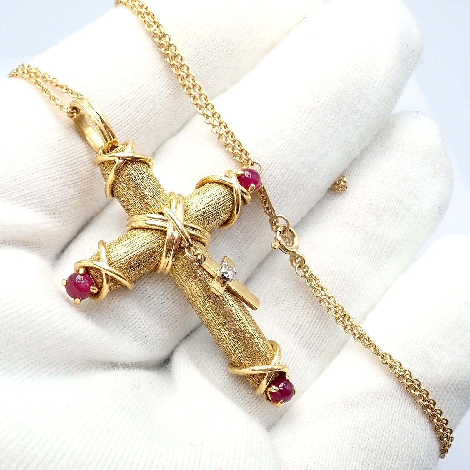 Tiffany & Co Schlumberger 18k Yellow Gold Ruby Diamond Cross 24" Chain Necklace | Fortrove