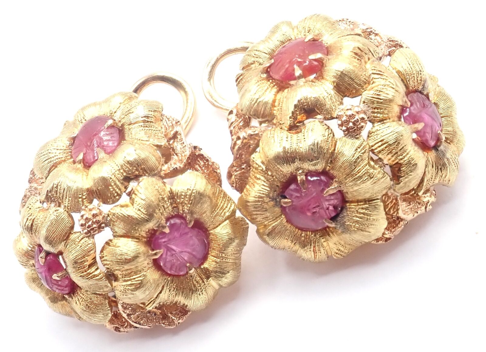 Authentic! Vintage Buccellati 18k Yellow Gold Carved Ruby Flower Earrings | Fortrove
