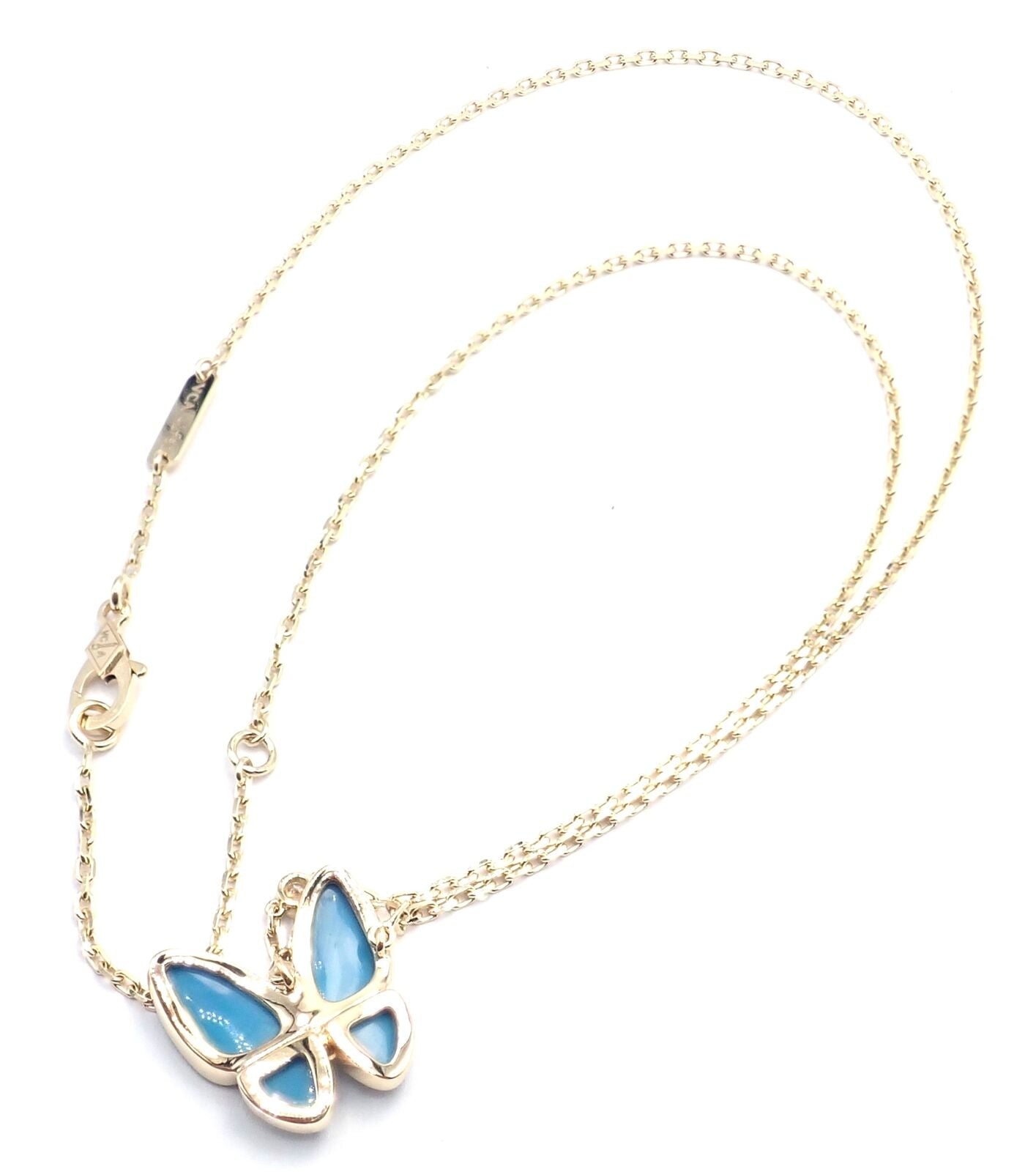 Van Cleef & Arpels 18k Gold Diamond Turquoise Butterfly Pendant Necklace Cert. | Fortrove