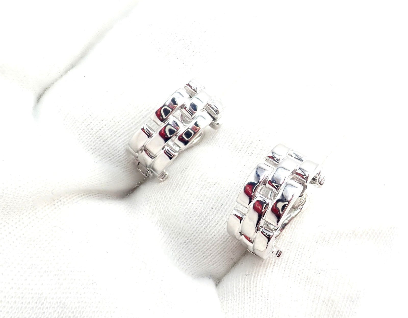 Authentic! Cartier Maillon Panthere 18K White Gold Three Row Link Hoop Earrings | Fortrove