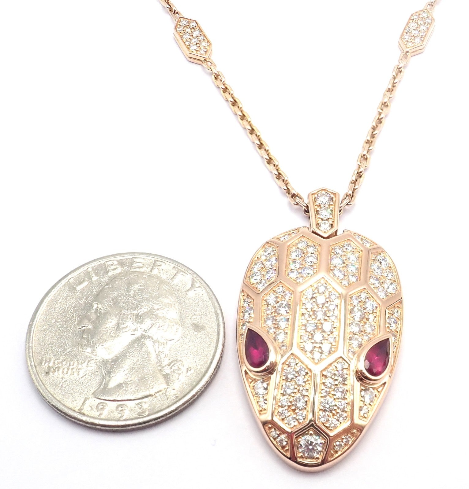 Authentic Bulgari Bvlgari Serpenti 18k Rose Gold Pave Diamond Rubellite Necklace | Fortrove