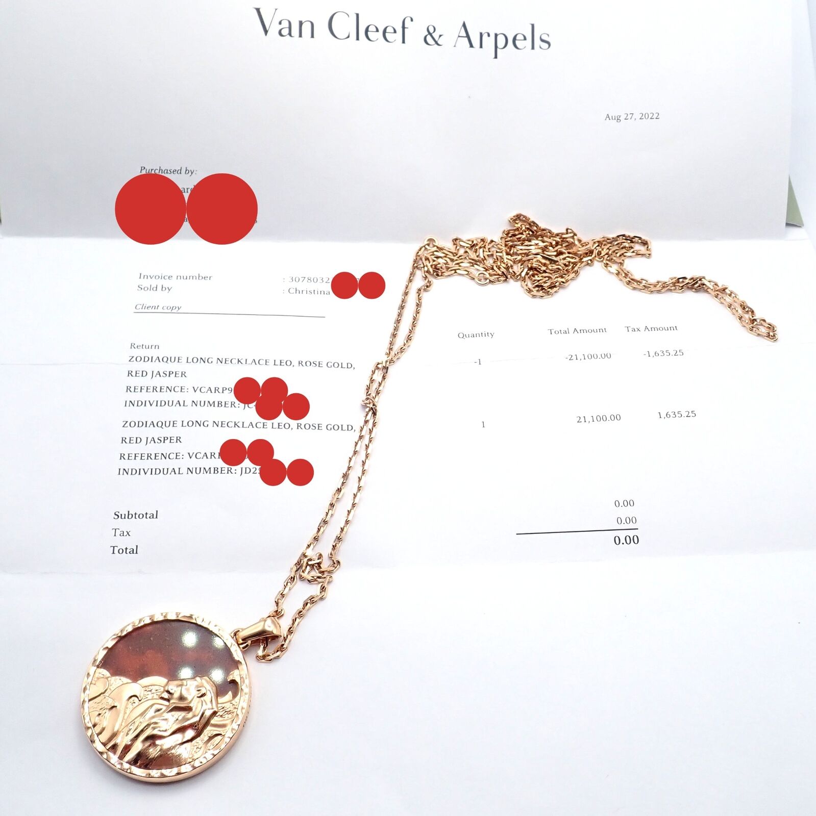 Van Cleef & Arpels Zodiaque 18k Rose Gold Leo Pendant Red Jasper Necklace + Cert | Fortrove