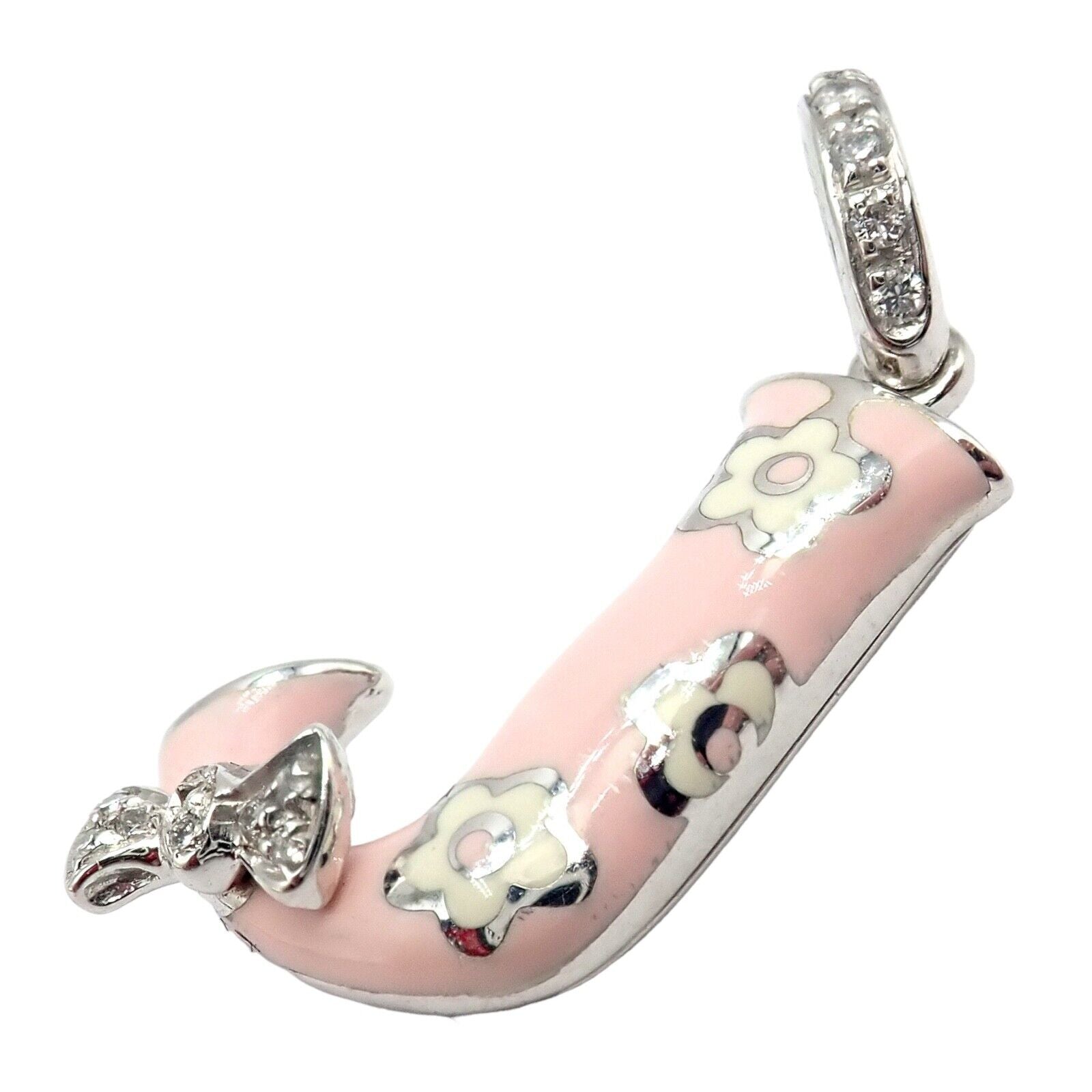 Aaron Basha 18k White Gold Diamond Pink Enamel Baby J Initial Charm Pendant | Fortrove