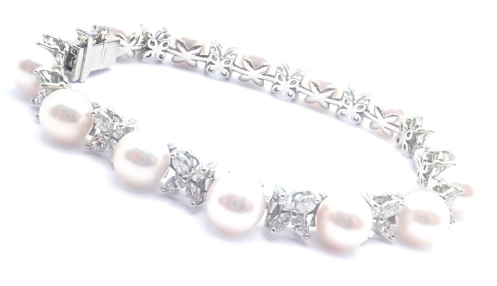 Tiffany & Co Victoria Platinum Diamond Akoya Cultured Pearl Line Tennis Bracelet | Fortrove