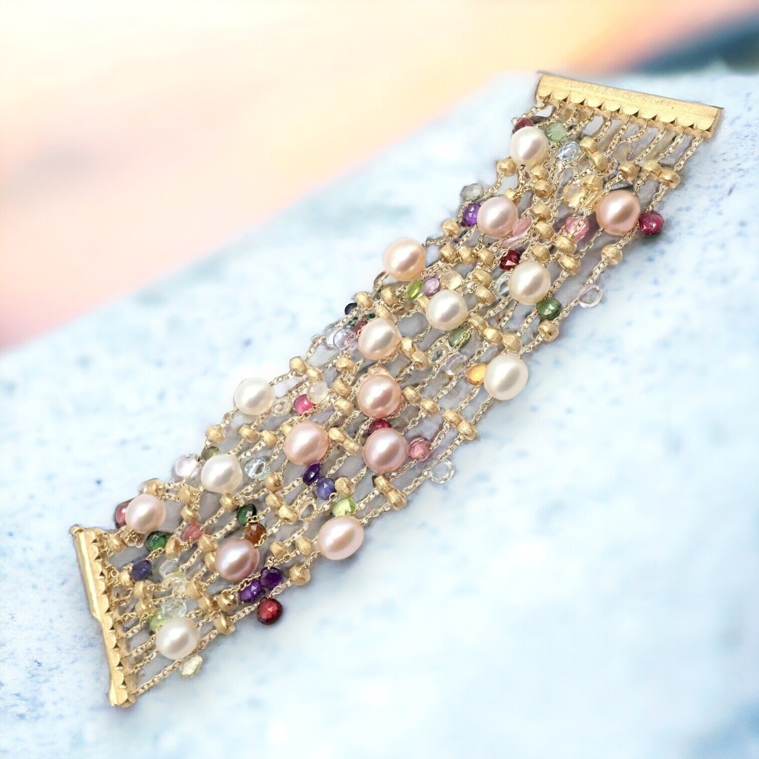 Marco Bicego 18k Yellow Gold Ten Stand Pearl Multicolor Stones Paradise Bracelet | Fortrove