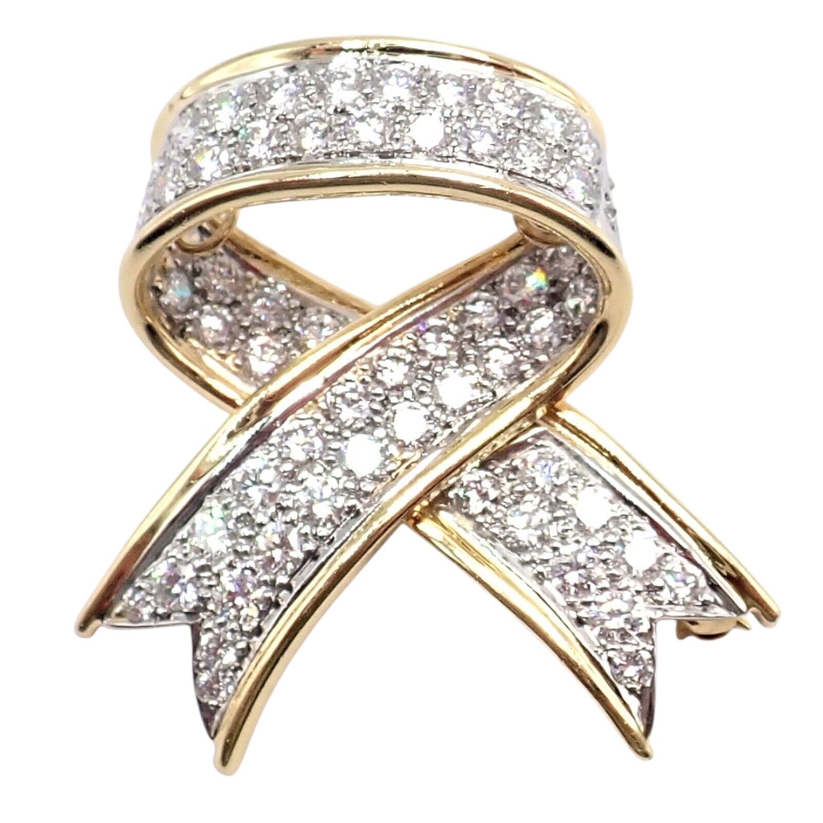 Vintage! Tiffany & Co 18k Yellow Gold Platinum Diamond Ribbon Bow Pin Brooch | Fortrove