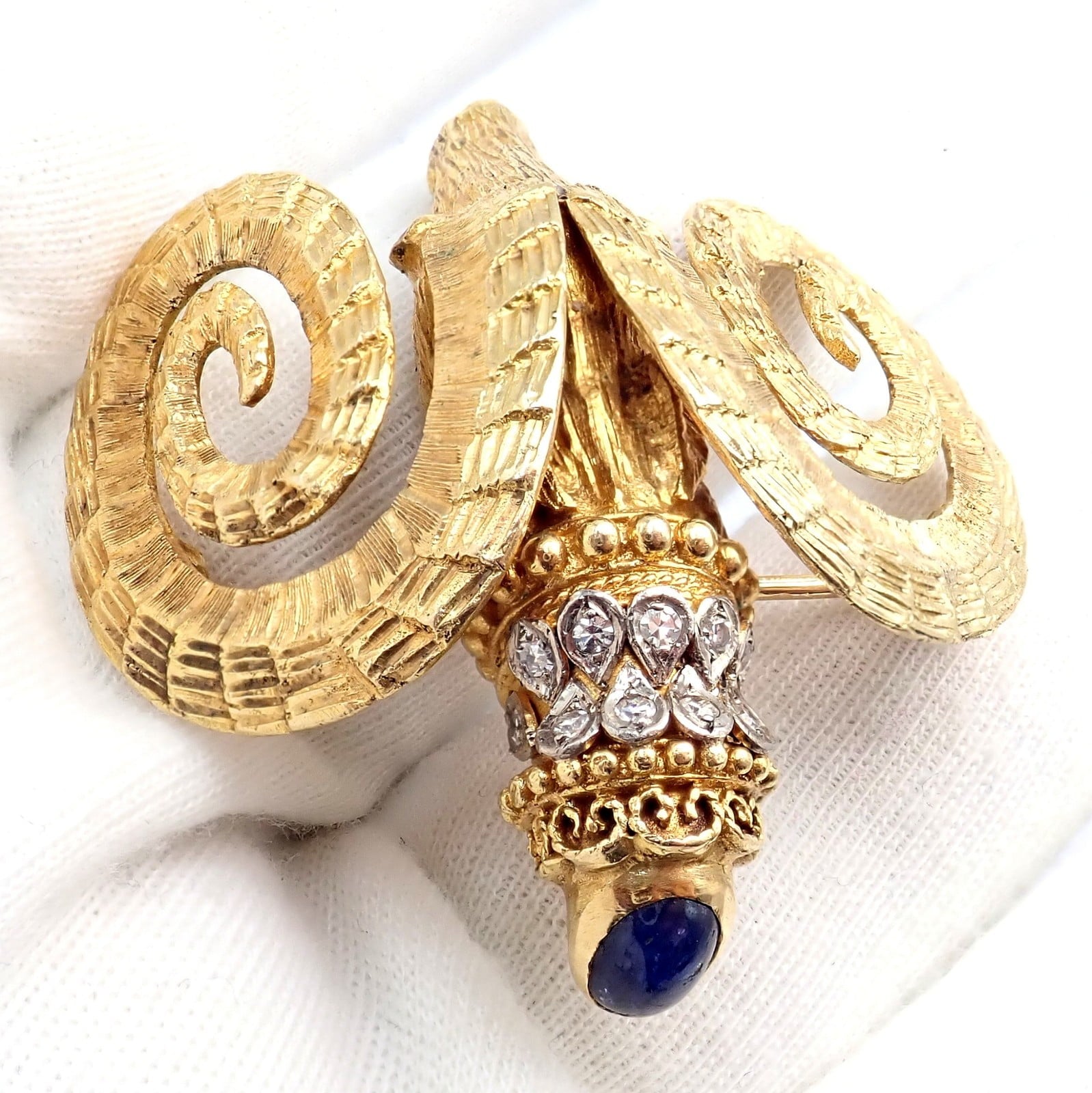Ilias Lalalounis Jewelry & Watches:Fine Jewelry:Brooches & Pins Rare Ilias Lalaounis 18k Yellow Gold Ram Ares Diamond Ruby Sapphire Large Brooch