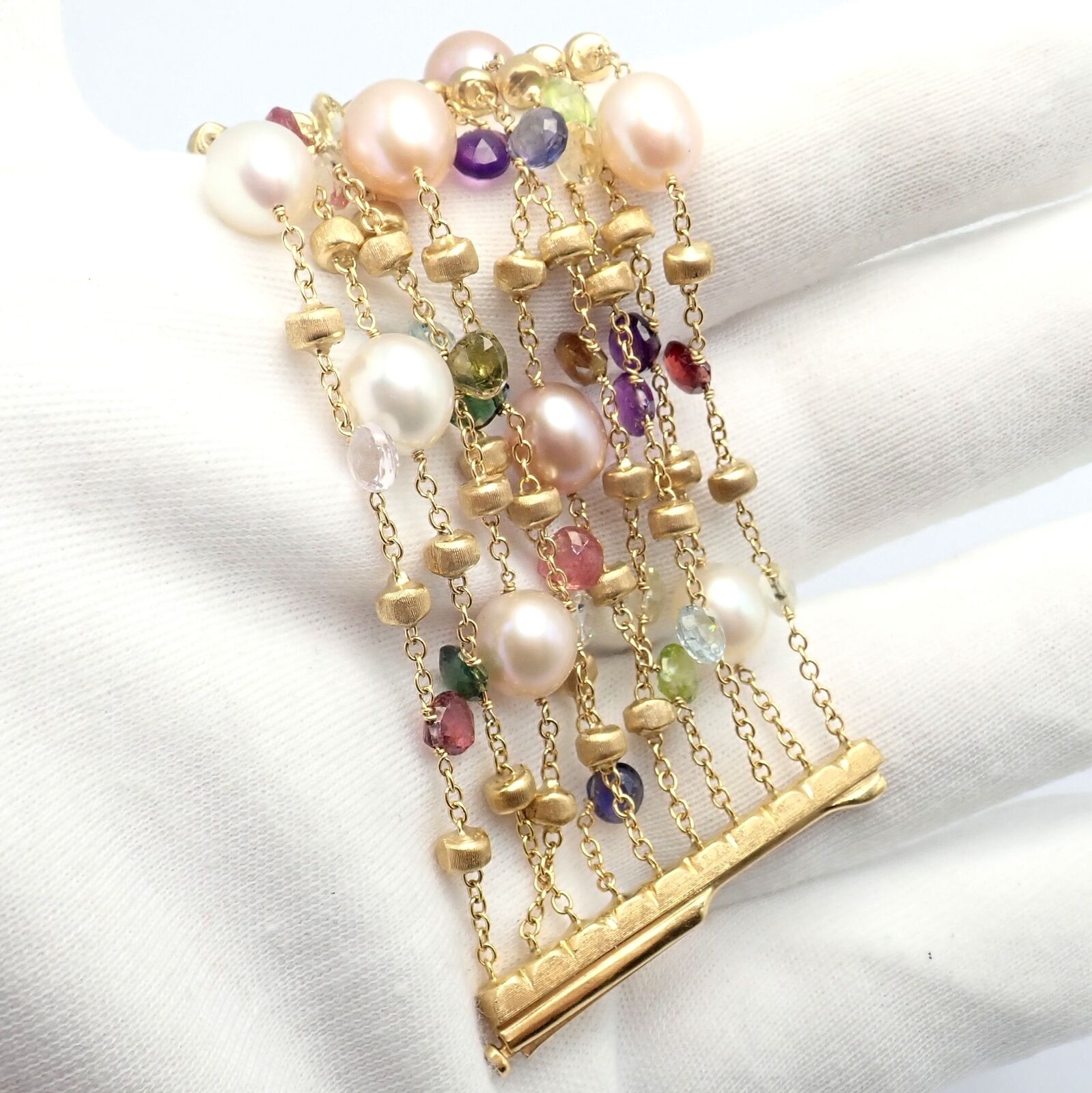 Marco Bicego 18k Yellow Gold Ten Stand Pearl Multicolor Stones Paradise Bracelet | Fortrove