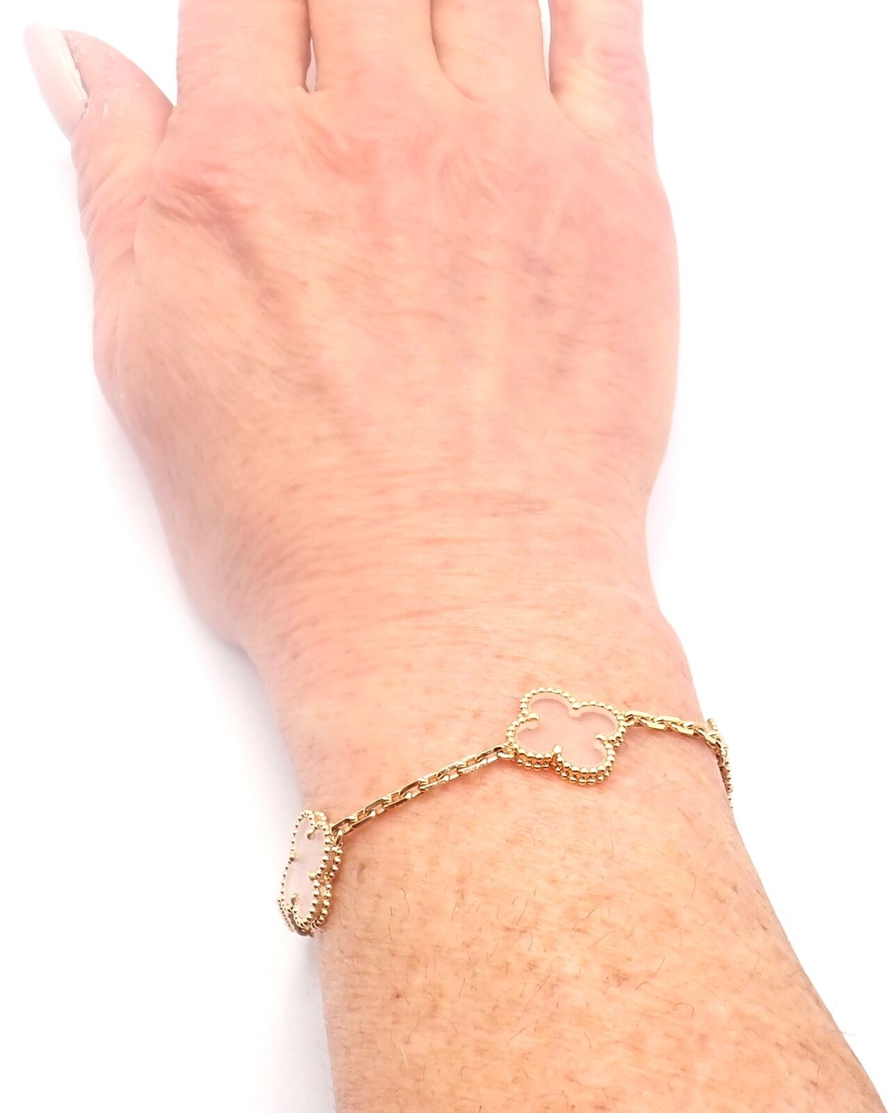 Van Cleef & Arpels 18k Yellow Gold 5 Motif Alhambra Rock Crystal Bracelet Cert | Fortrove