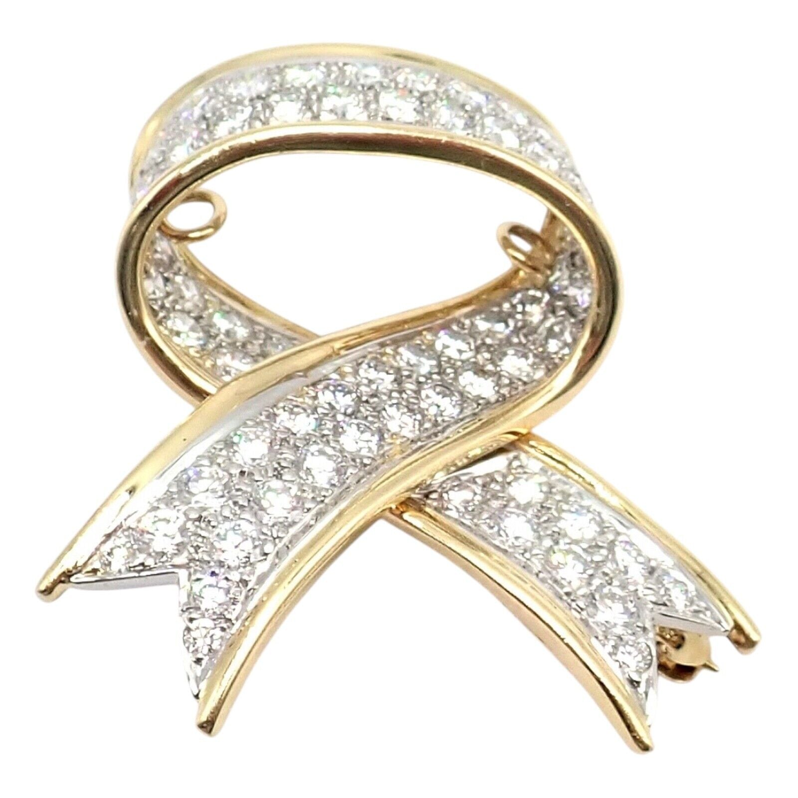 Vintage! Tiffany & Co 18k Yellow Gold Platinum Diamond Ribbon Bow Pin Brooch | Fortrove