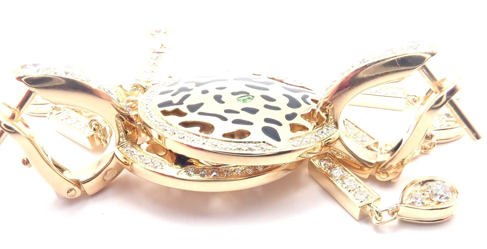 Authentic! Cartier Panther 18k Yellow Gold Diamond Lacquer Tsavorite Earrings | Fortrove