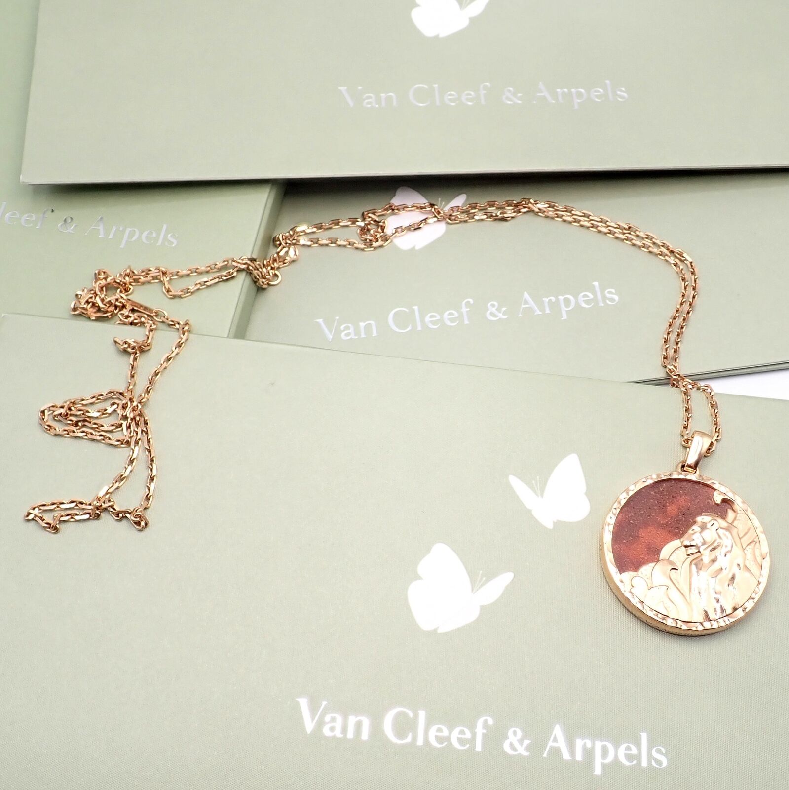 Van Cleef & Arpels Zodiaque 18k Rose Gold Leo Pendant Red Jasper Necklace + Cert | Fortrove