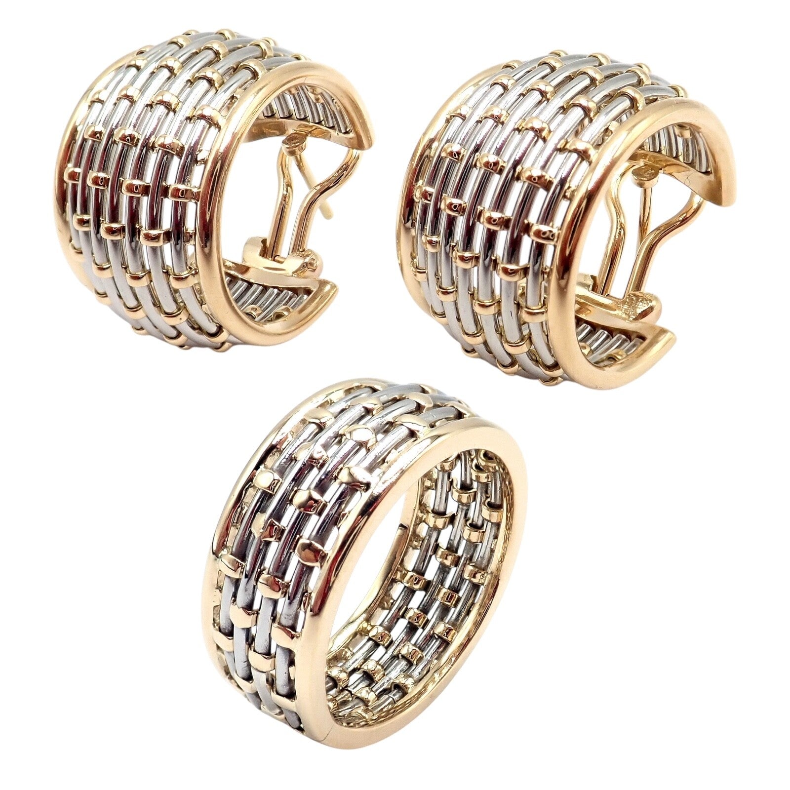 Authentic! Cartier 18k Yellow Gold + SS Basket Weave Ring + Earrings Set | Fortrove