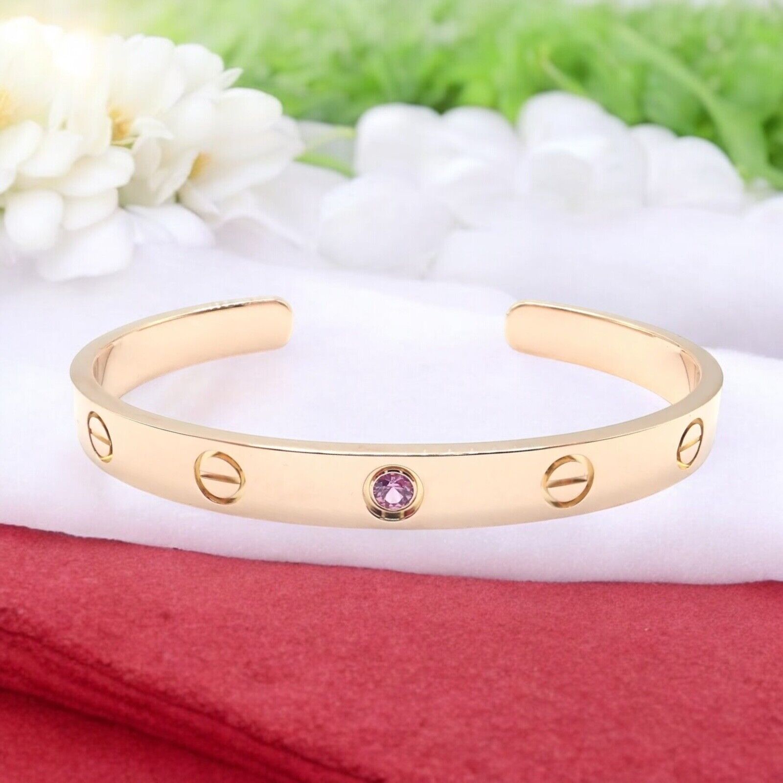 Authentic! Cartier 18k Rose Gold Pink Sapphire Love Cuff Open Bracelet Size 16 | Fortrove