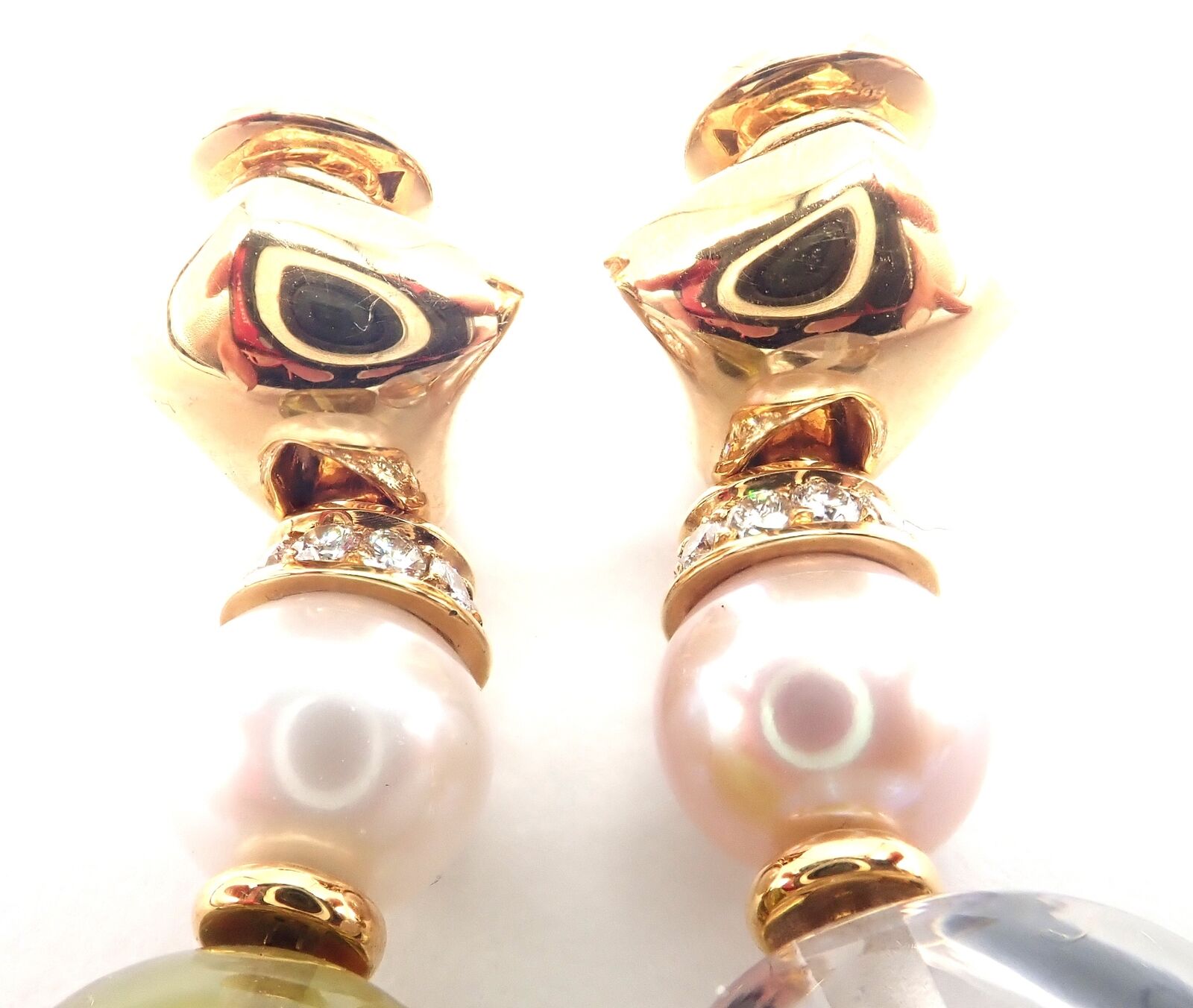 Authentic! Bulgari Bvlgari 18k Gold Diamond Pearl Peridot Crystal Drop Earrings | Fortrove