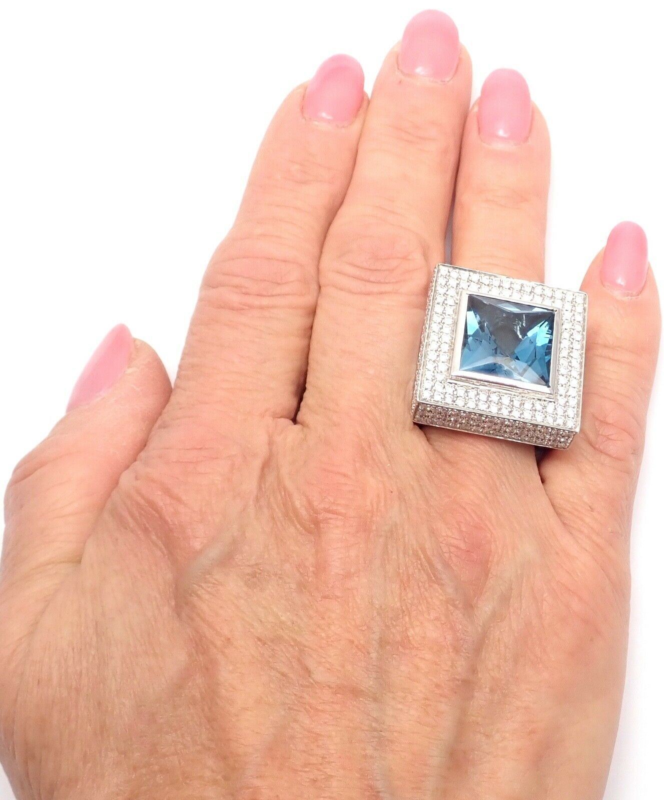 Authentic! Pasquale Bruni 18k White Gold Diamond London Blue Topaz Large Ring | Fortrove