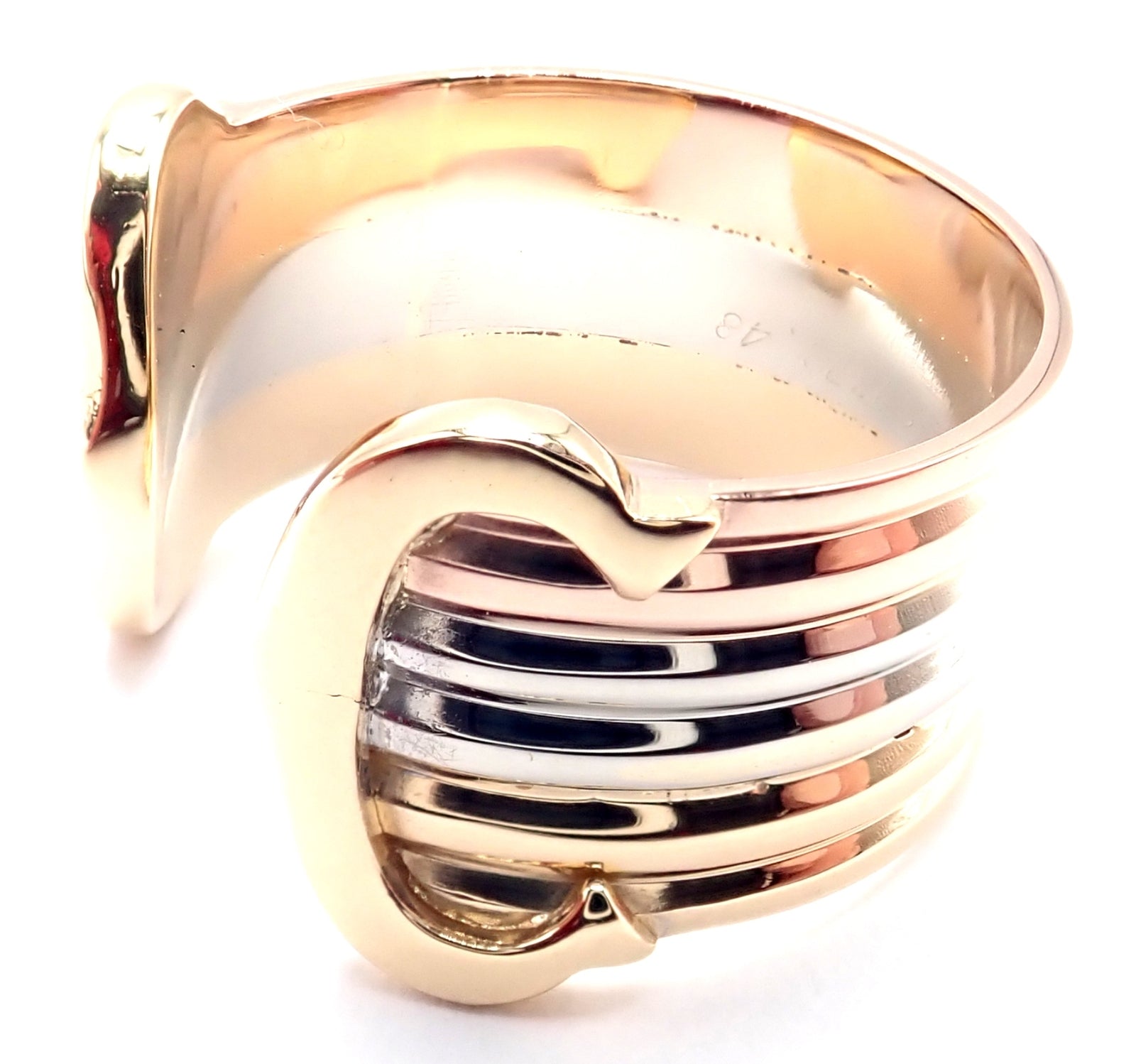 Authentic! Cartier 18k Tri-Color Gold Double C Band Ring Size 4.5 | Fortrove