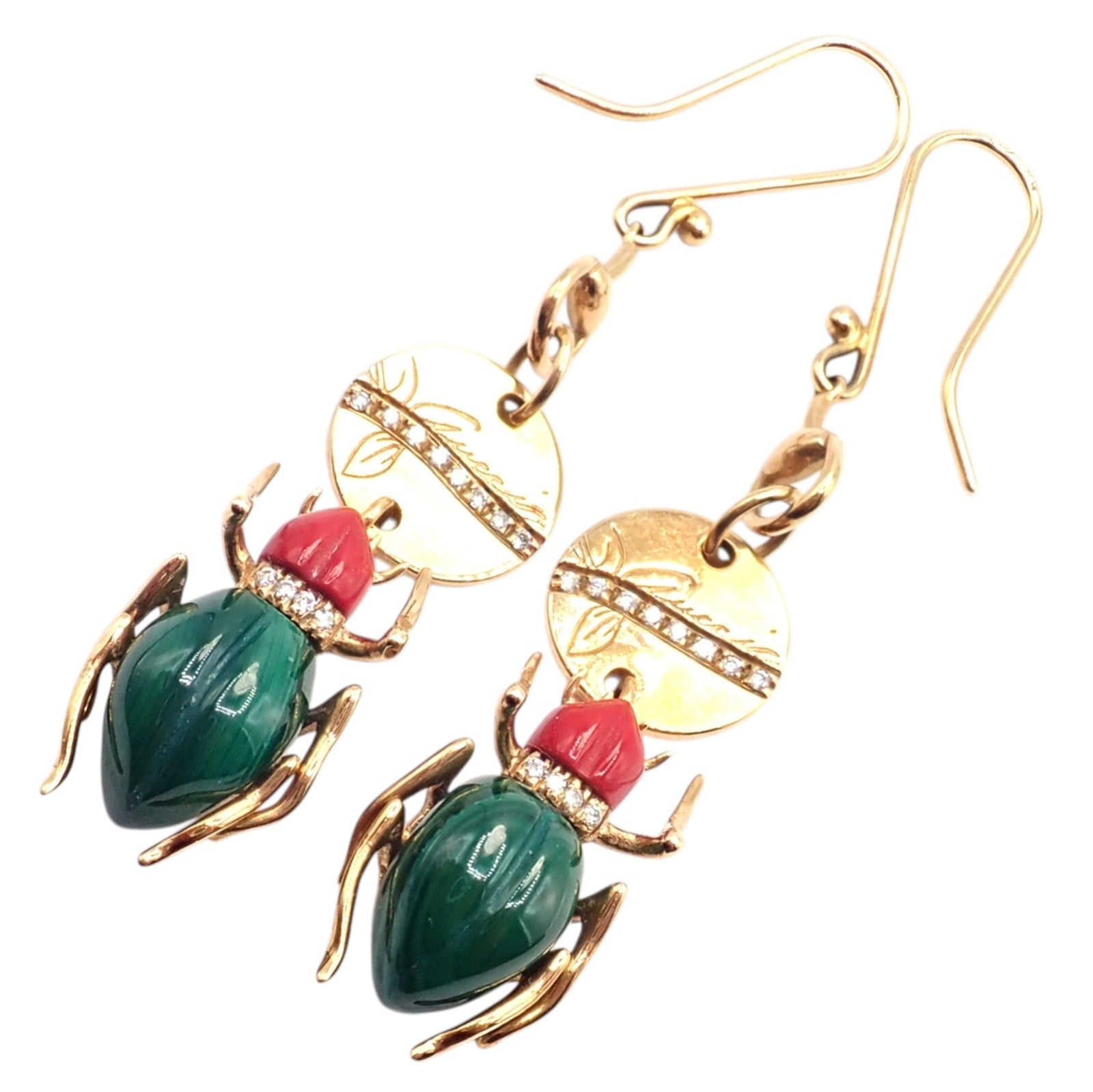 Gucci Jewelry & Watches:Men's Jewelry:Earrings Authentic! Gucci 18k Yellow Gold Diamond Malachite Carnelian Scarab Earrings