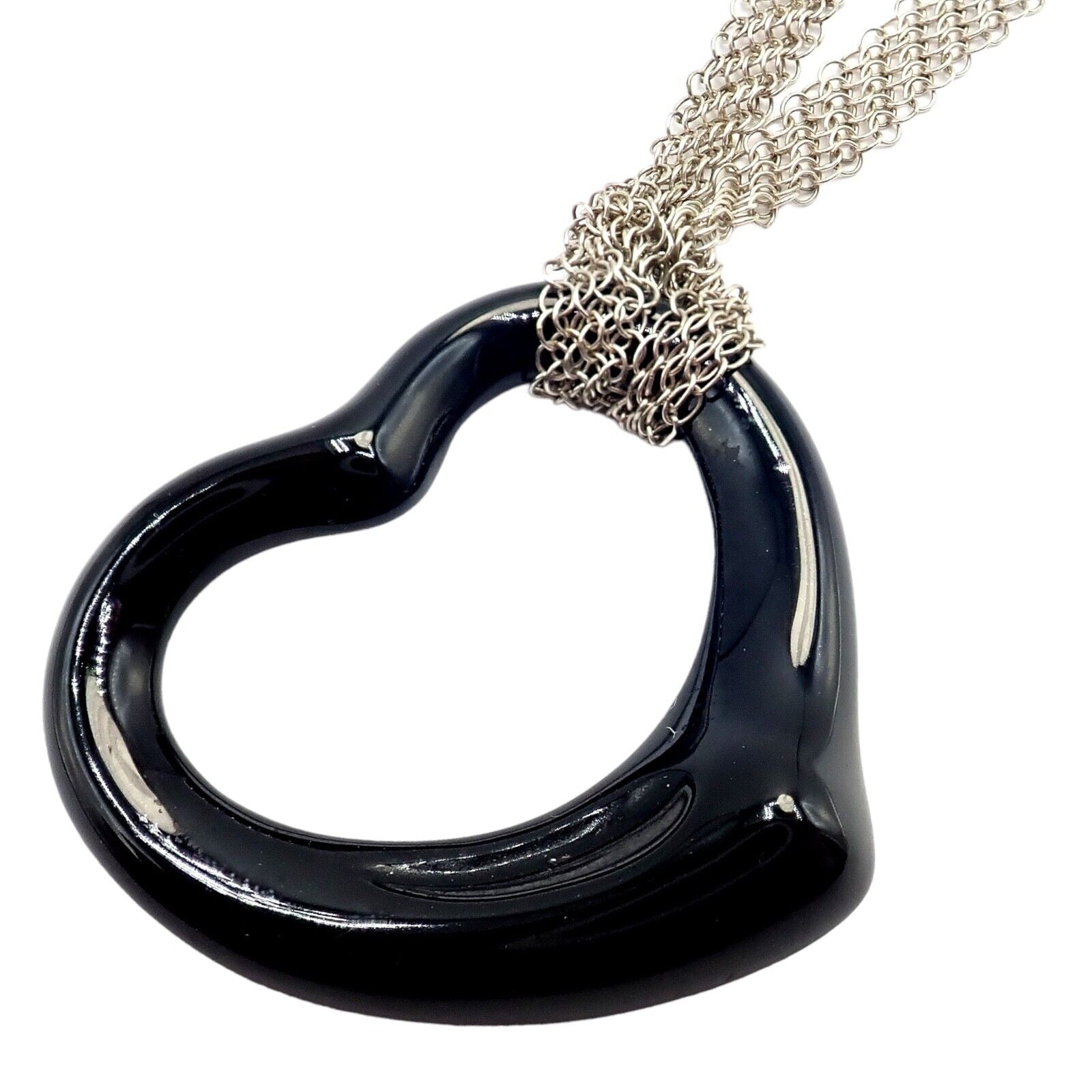 Tiffany & Co Silver Peretti 35mm Large Open Onyx Heart Pendant 28" Mesh Necklace | Fortrove