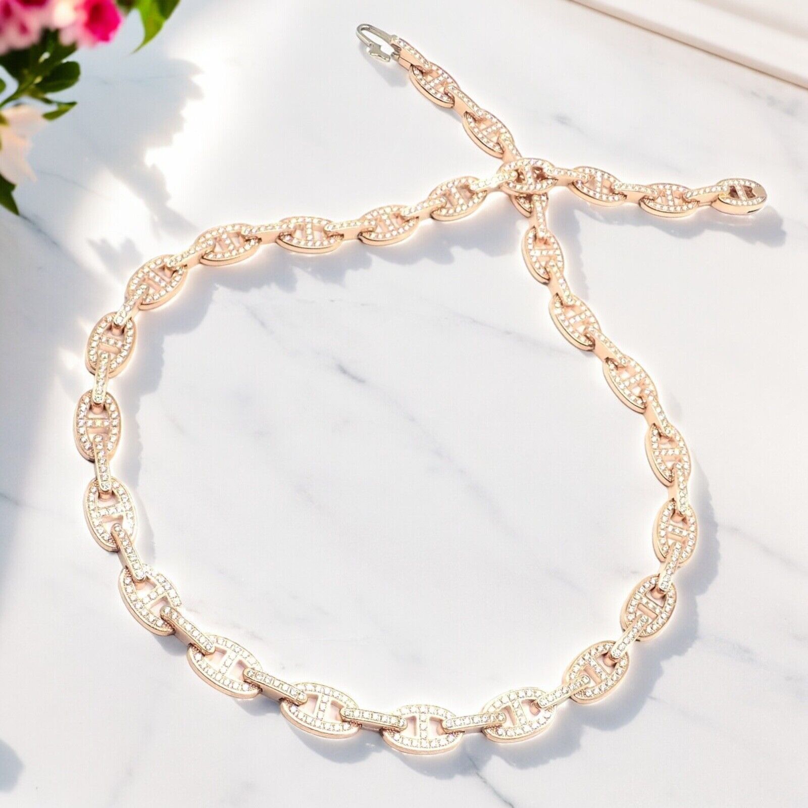 Authentic! Hermes Chaine d'ancre Enchaine 18k Rose Gold Diamond Link Necklace | Fortrove