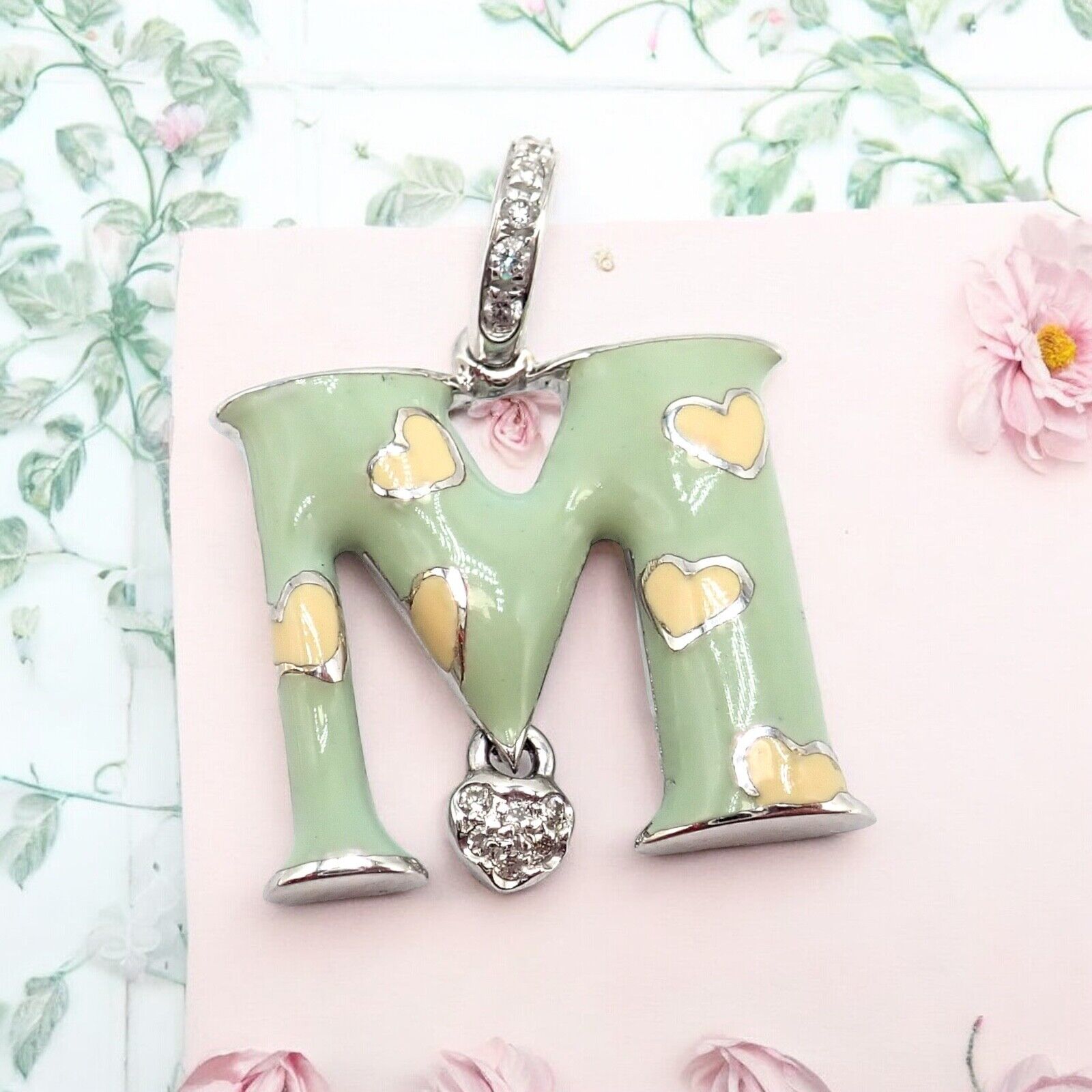 Aaron Basha 18k White Gold Diamond Green Enamel Baby M Initial Charm Pendant | Fortrove