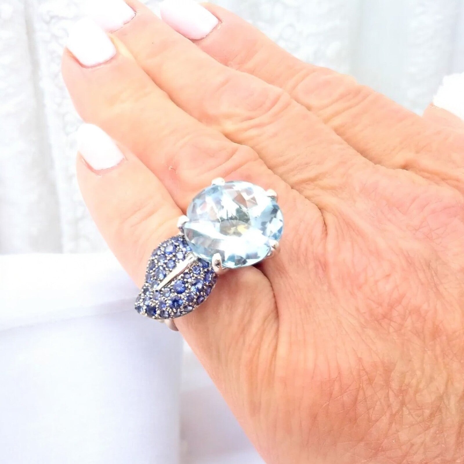 Authentic! Chanel Camellia Flower 18k White Gold Aquamarine Sapphire Ring | Fortrove