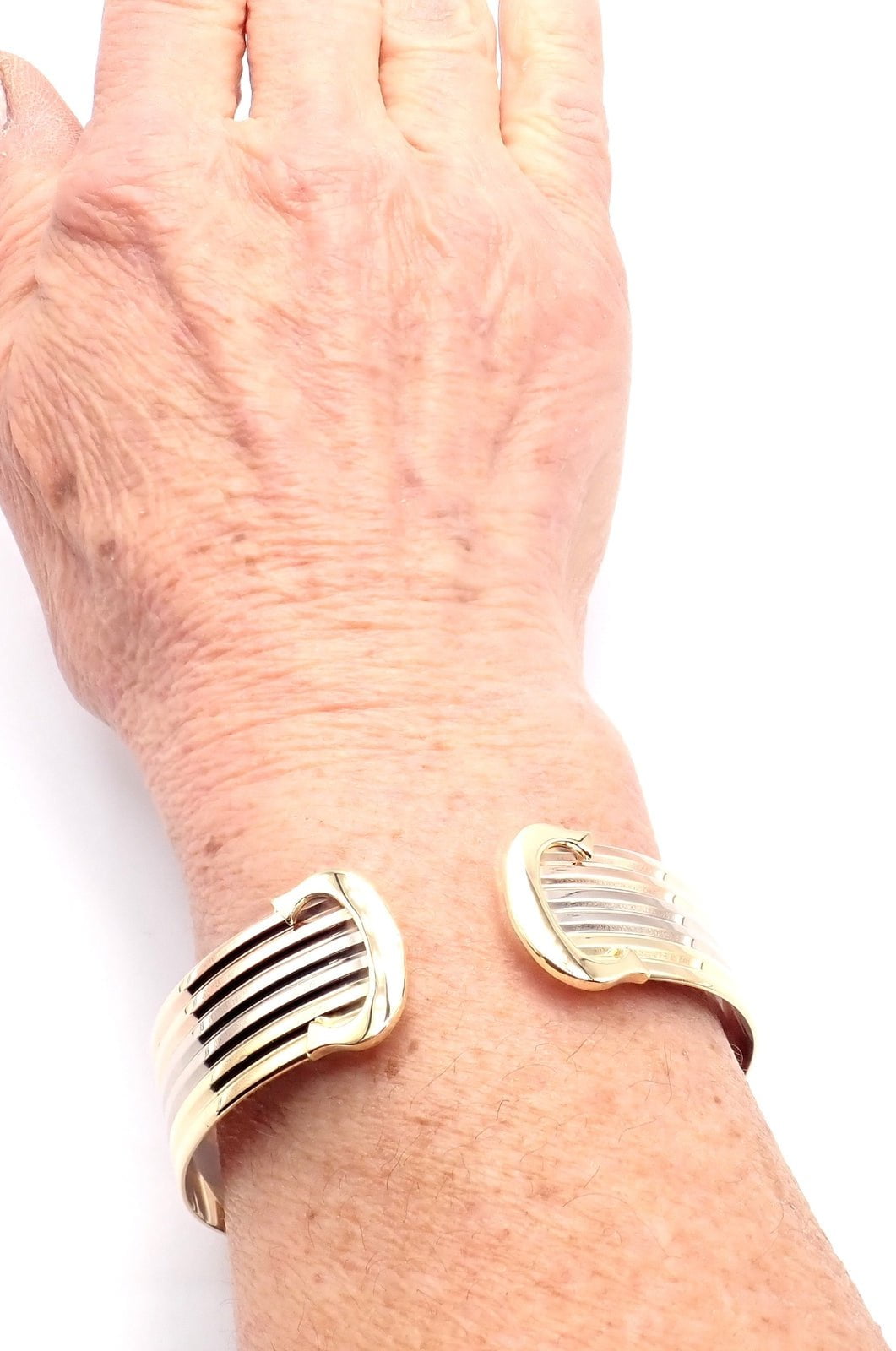 Authentic! Cartier 18k Tri-Color Gold Double C Wide Cuff Bangle Bracelet | Fortrove