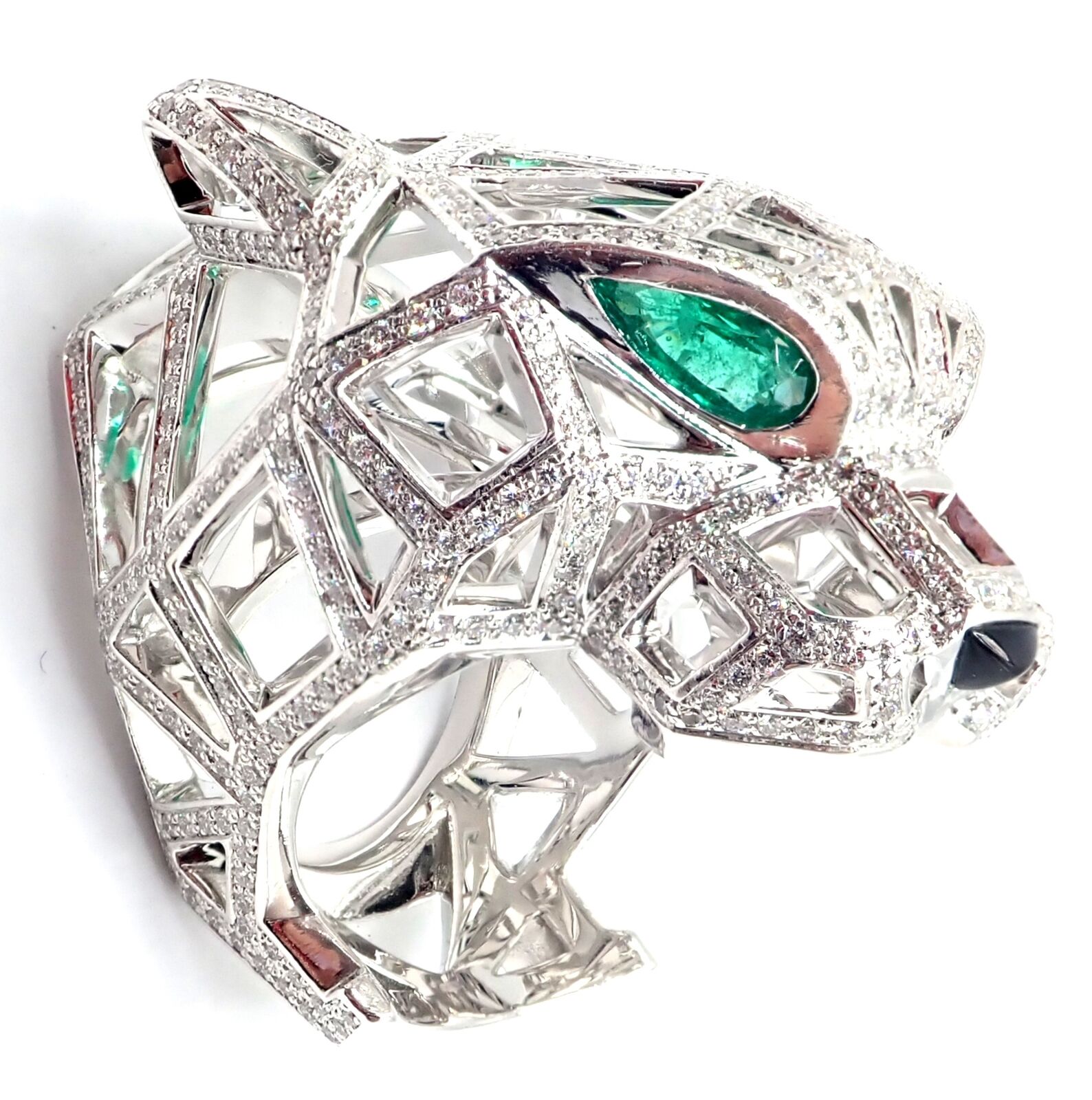 Cartier Panther Panthere 18k White Gold Emerald Diamond Paved Large Ring Size 54 | Fortrove