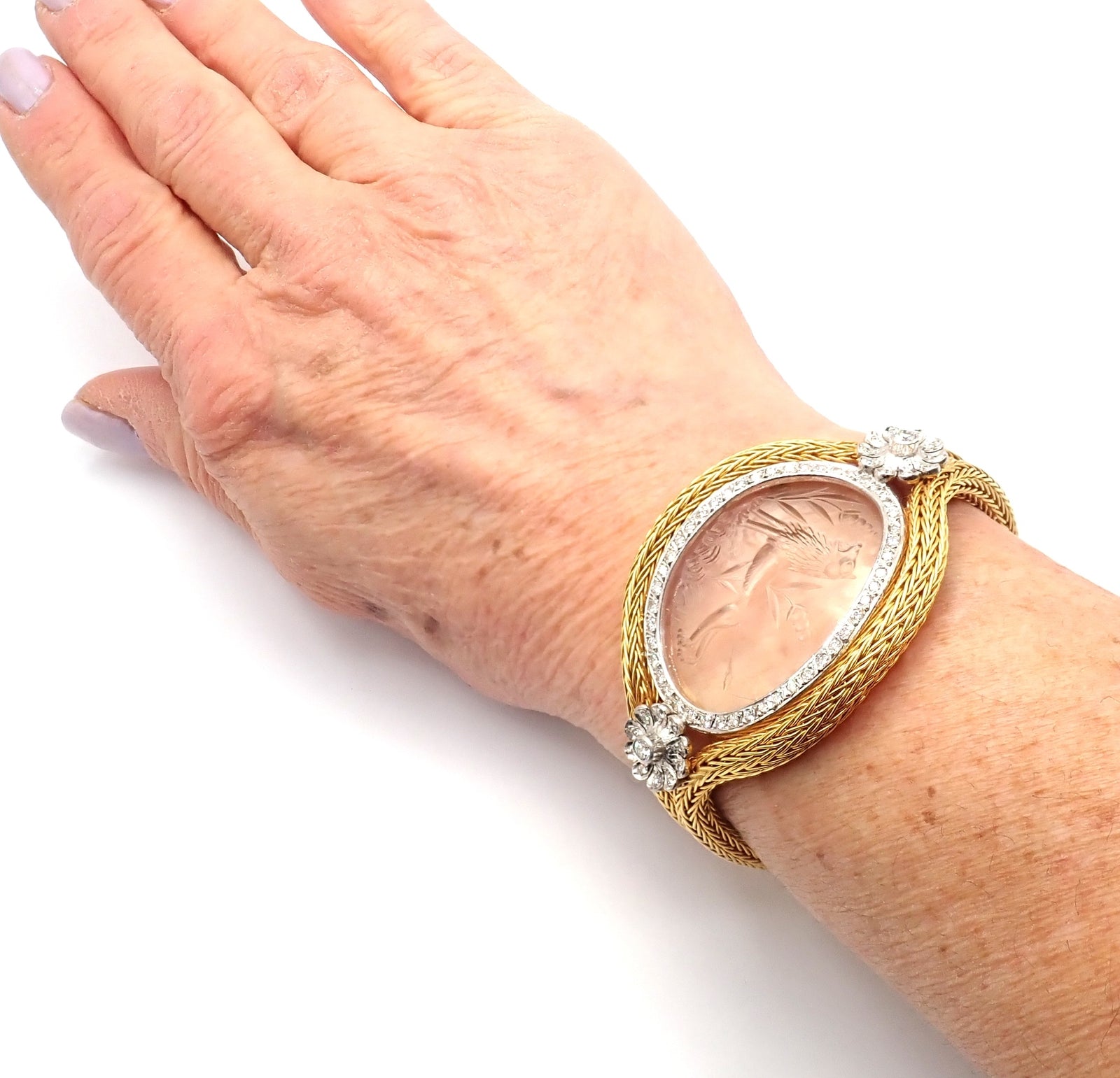 Authentic! Ilias Lalaounis 18k Yellow Gold Diamond Rock Crystal Bangle Bracelet | Fortrove