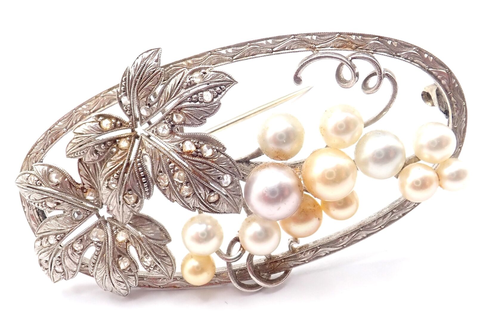 Vintage! Authentic Mikimoto 14k White Gold Diamond Pearl Brooch Pin | Fortrove