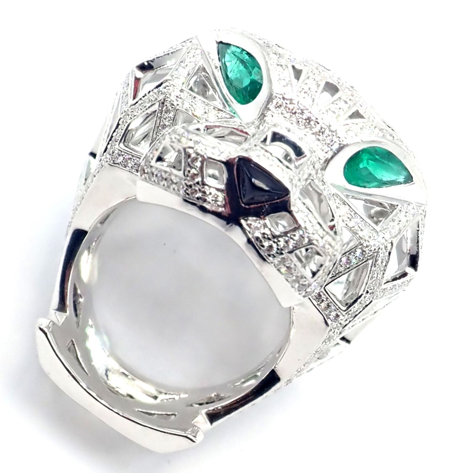 Cartier Panther Panthere 18k White Gold Emerald Diamond Paved Large Ring Size 54 | Fortrove