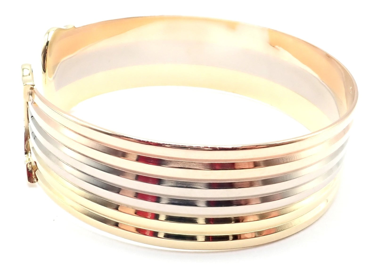 Authentic! Cartier 18k Tri-Color Gold Double C Wide Cuff Bangle Bracelet | Fortrove
