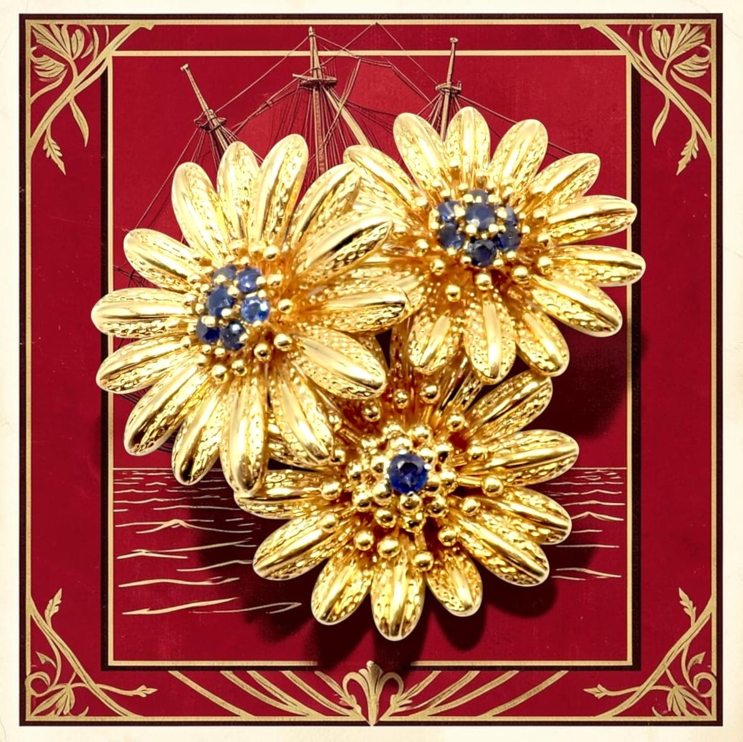 Vintage! Authentic Tiffany & Co. 18k Yellow Gold Sapphire Flower Pin Brooch | Fortrove