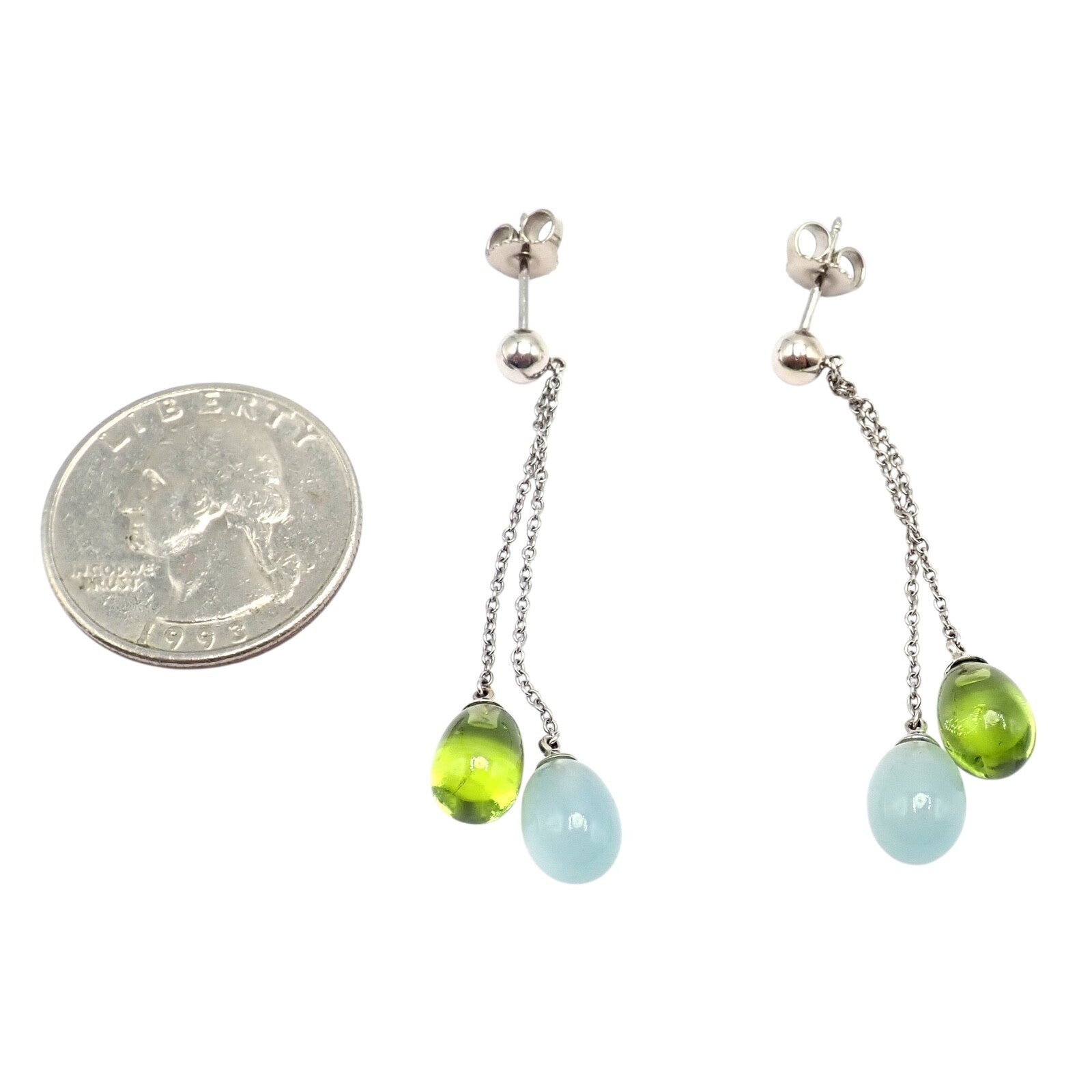Authentic! Tiffany & Co 18k White Gold Rainbow Drop Peridot Chalcedony Earrings | Fortrove