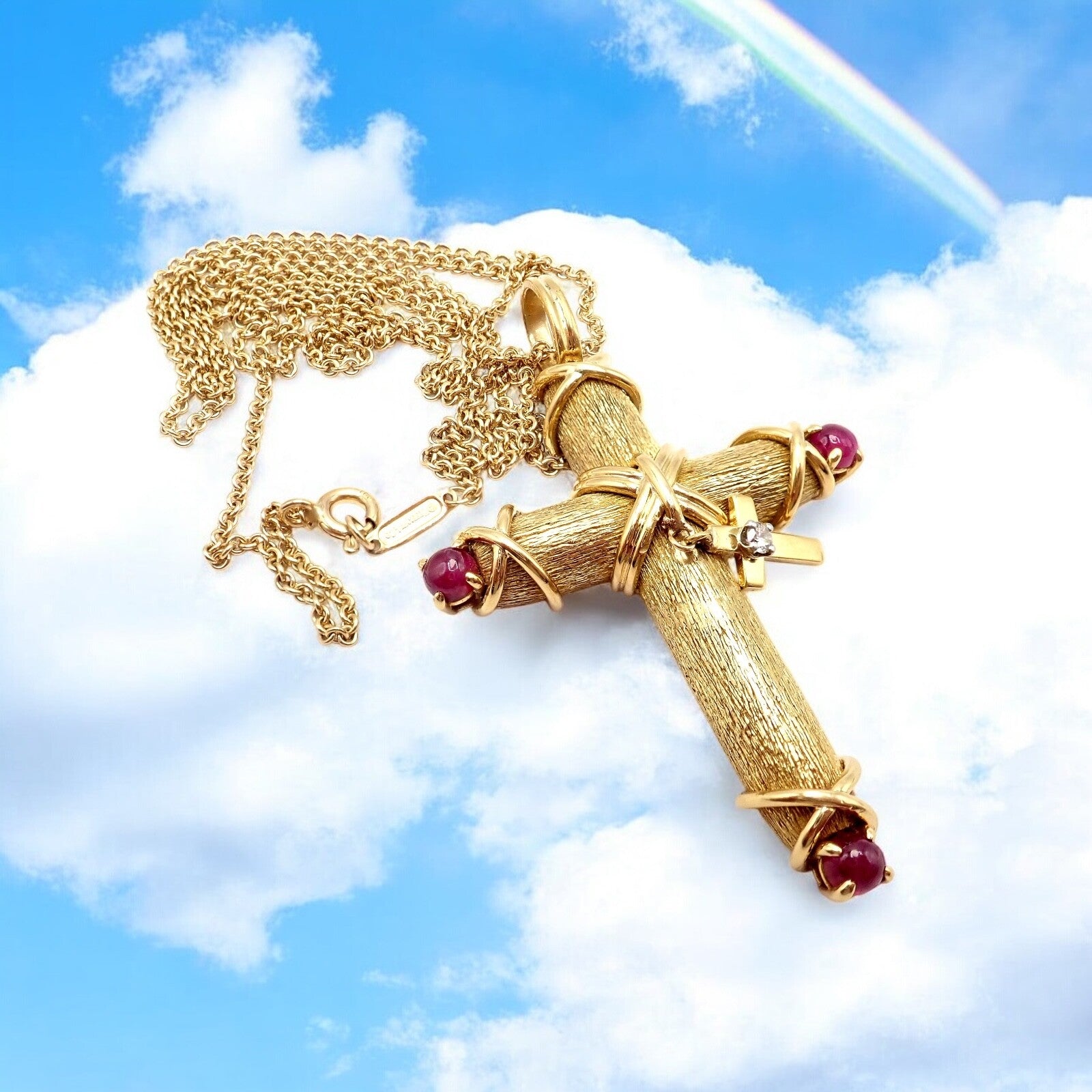 Tiffany & Co Schlumberger 18k Yellow Gold Ruby Diamond Cross 24" Chain Necklace | Fortrove