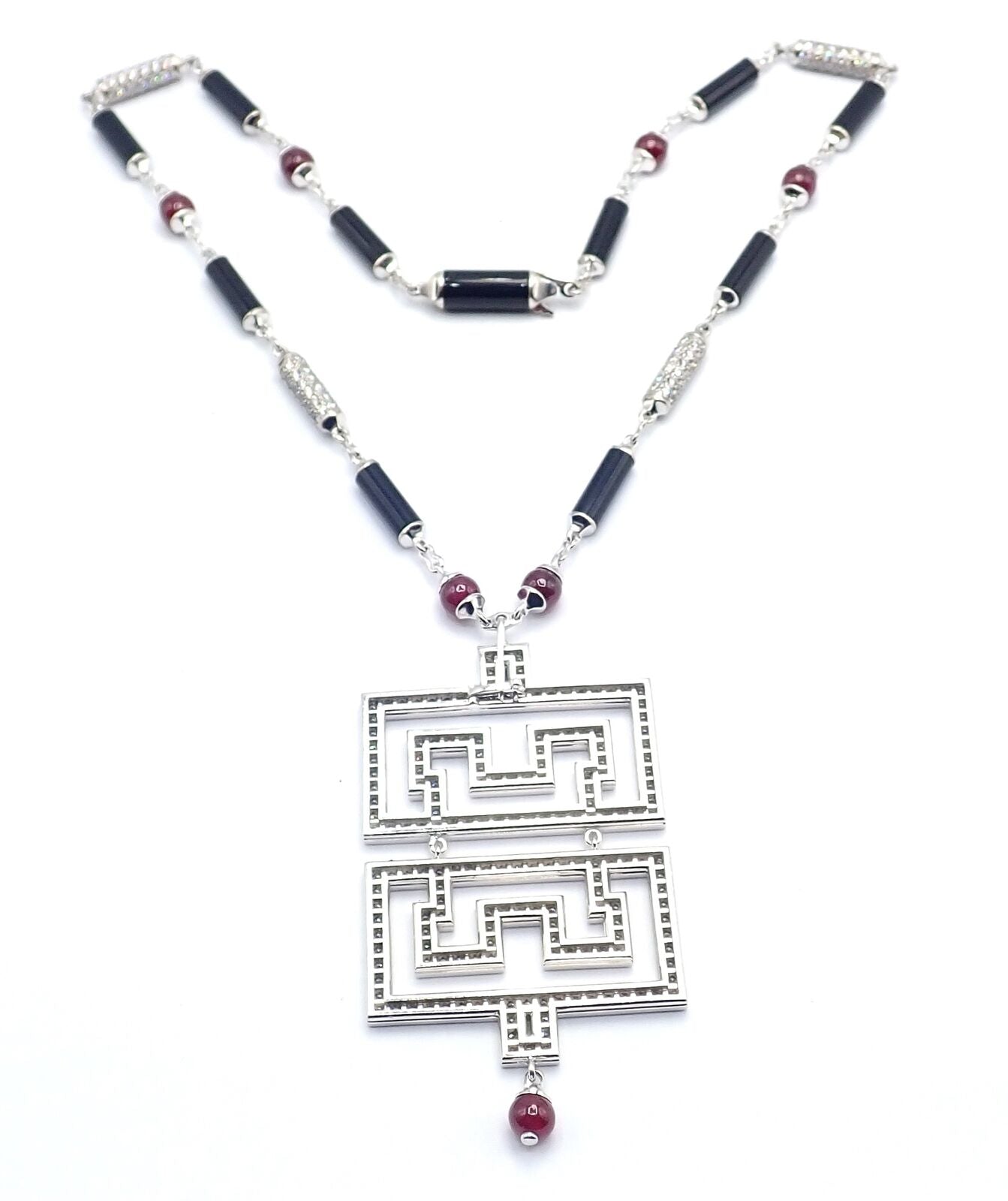 Cartier Le Baiser Du Dragon 18k White Gold Onyx Ruby Diamond Pendant Necklace | Fortrove