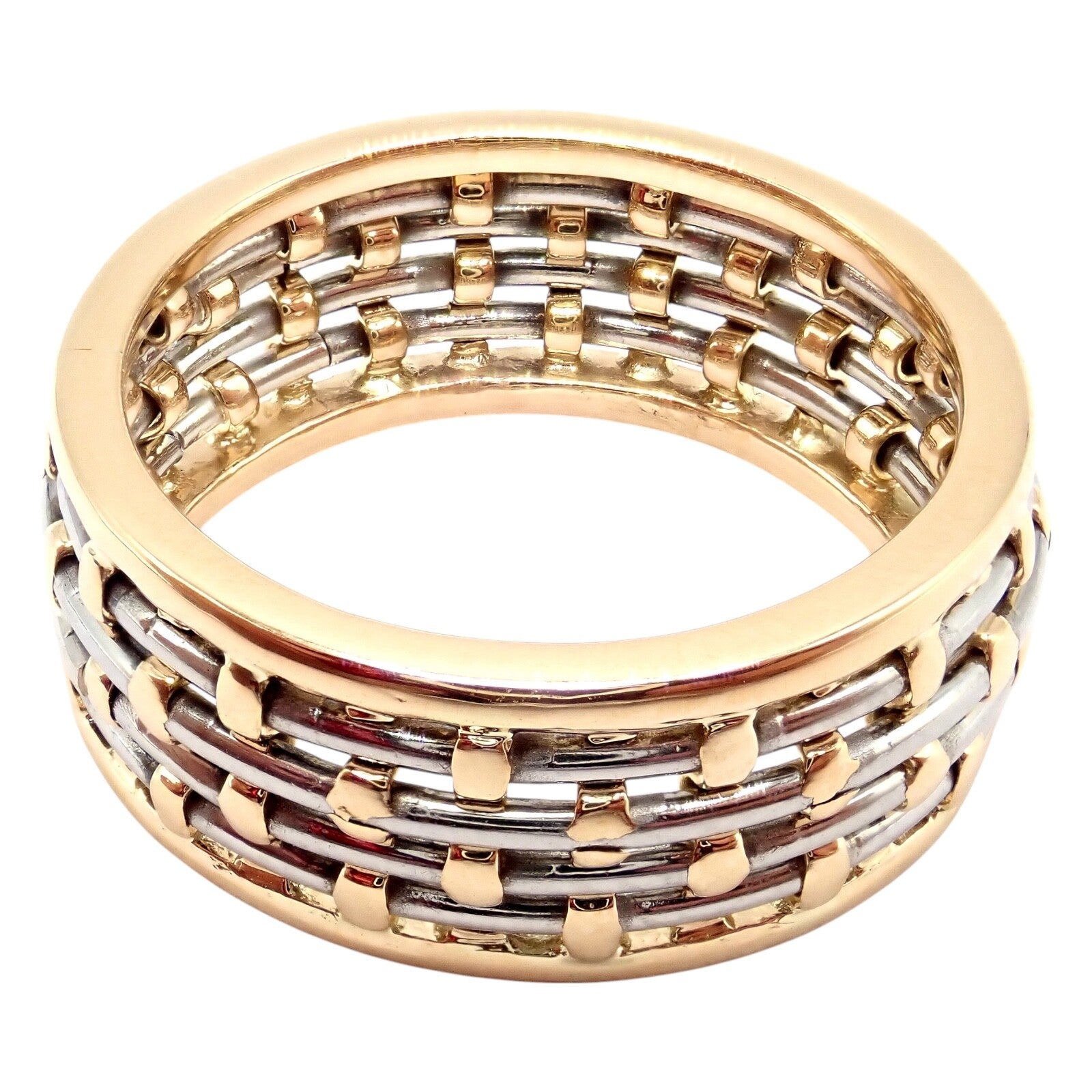 Authentic! Cartier 18k Yellow Gold + SS Basket Weave Ring + Earrings Set | Fortrove