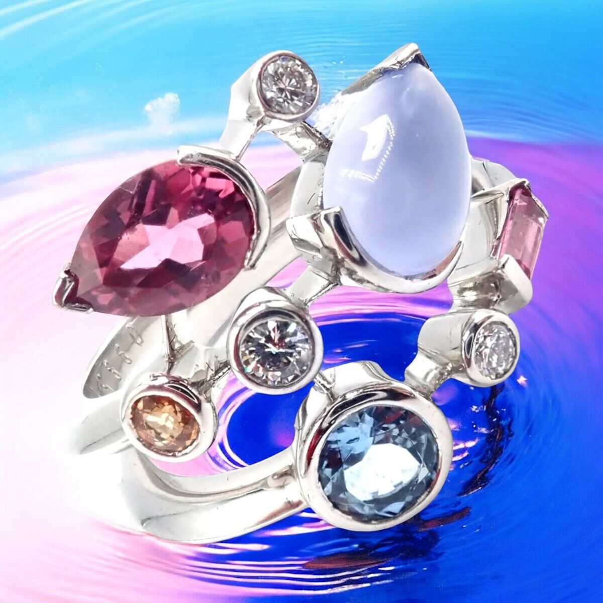 Authentic! Cartier Meli Melo Platinum Chalcedony Tourmaline Garnet Diamond Ring | Fortrove