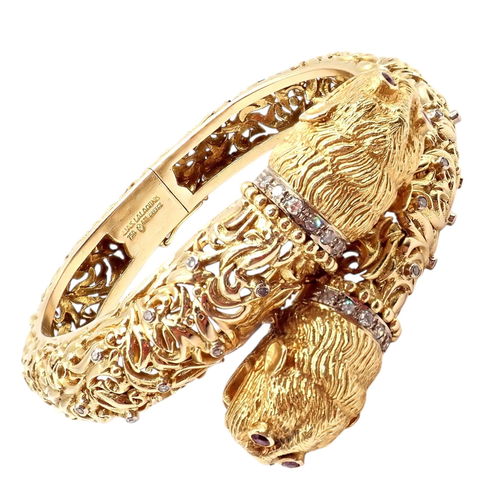 Rare Ilias Lalaounis 18k Yellow Gold Double Chimera Diamond Ruby Bangle Bracelet | Fortrove