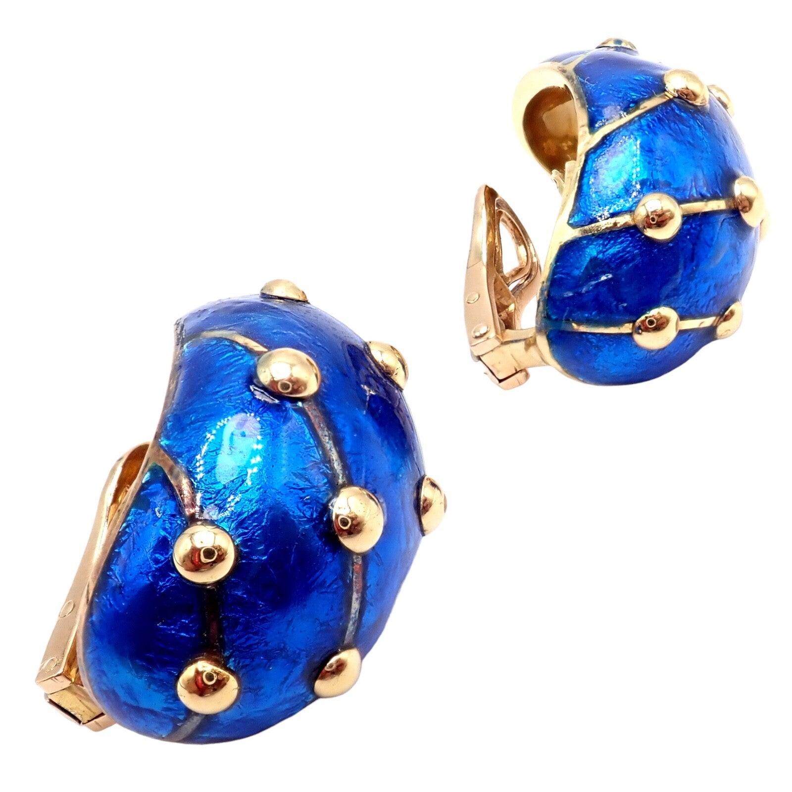 Rare Tiffany & Co Schlumberger 18k Yellow Gold Large Blue Enamel Banana Earrings | Fortrove