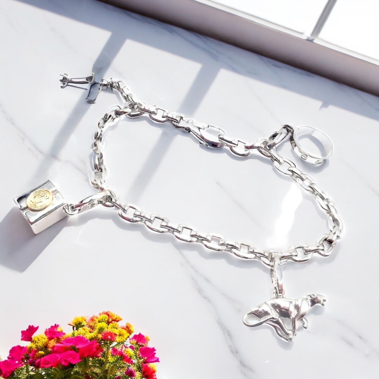 Cartier Jewelry & Watches:Fine Jewelry:Bracelets & Charms Authentic Cartier 18k White Gold 4 Charm Panther Airplane Love Box Link Bracelet